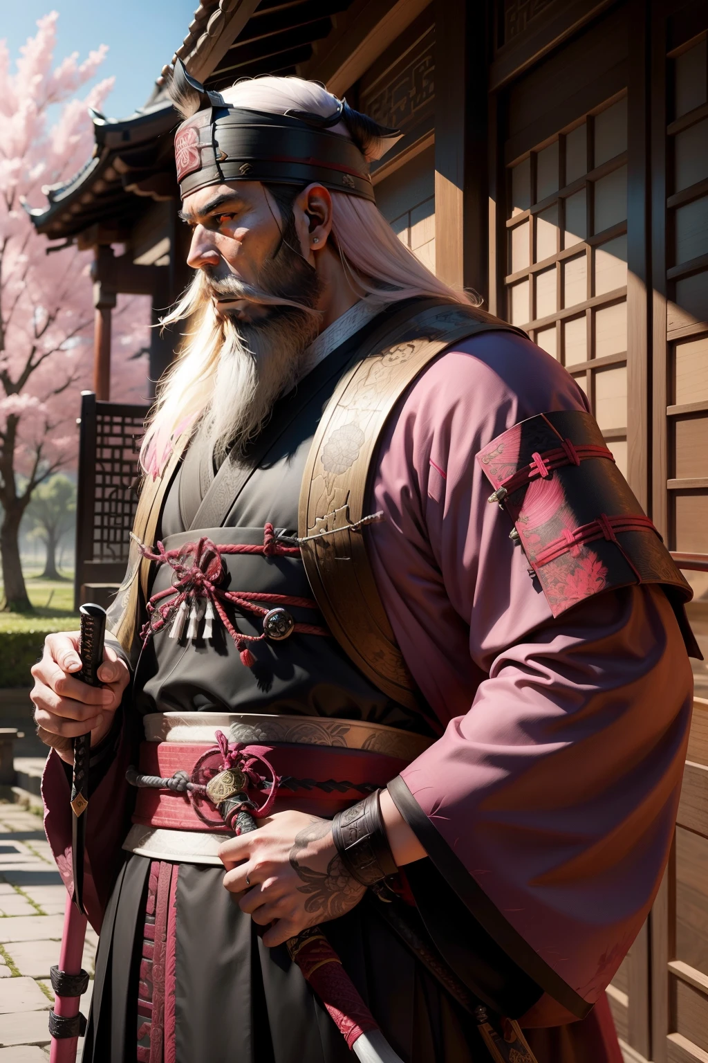 oud, Samurai, big beard, greys, katanas, pink trees, China