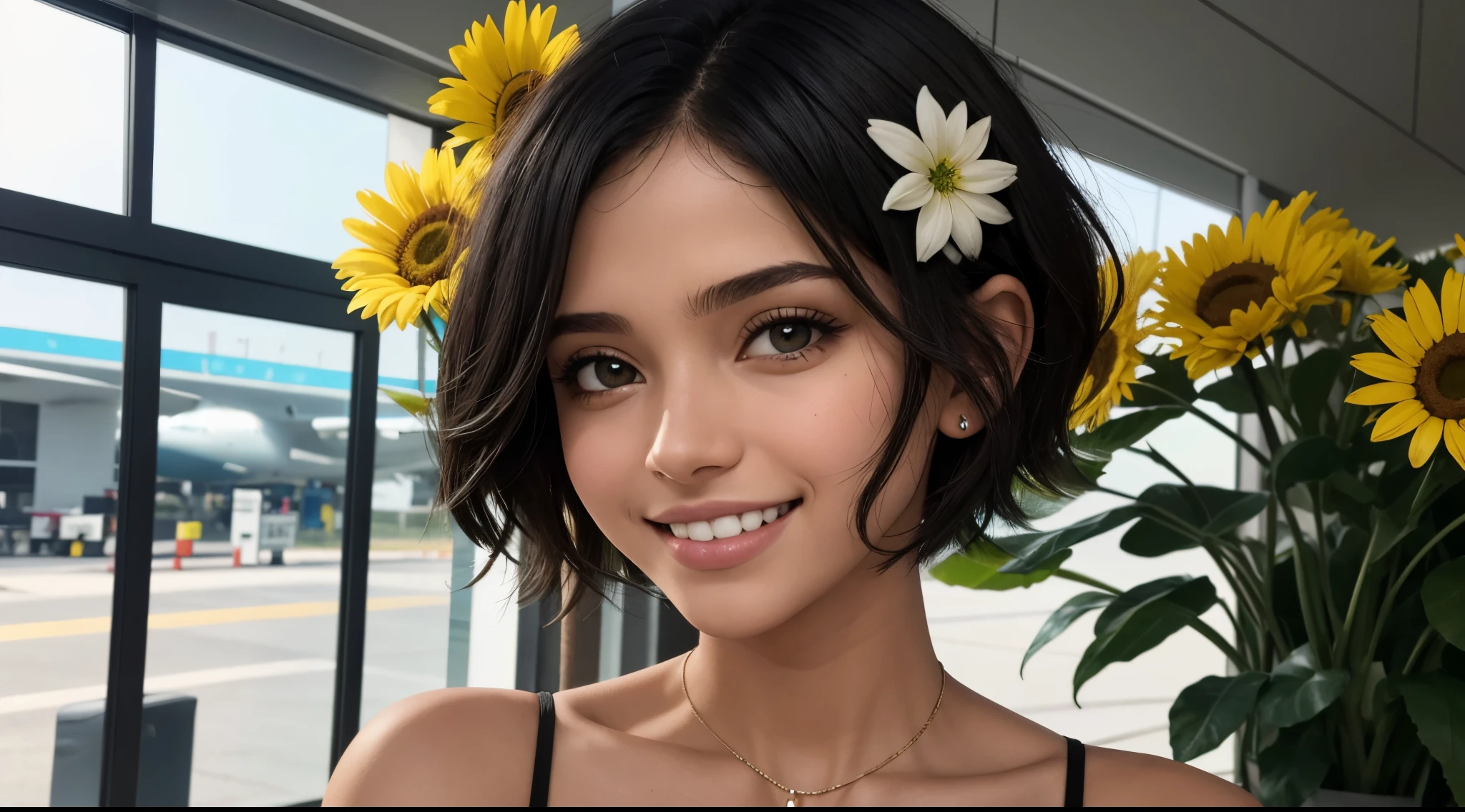 uma jovem de cabelo preto, olhos verdes, short hair up to the shoulders, ela esta no aeroporto,  It's spring morning, ela esta de vestidinho florido, shes alone, sorridente, melhor fotografia, obra prima, luz cinematografica, feliz, mostrando os dentes