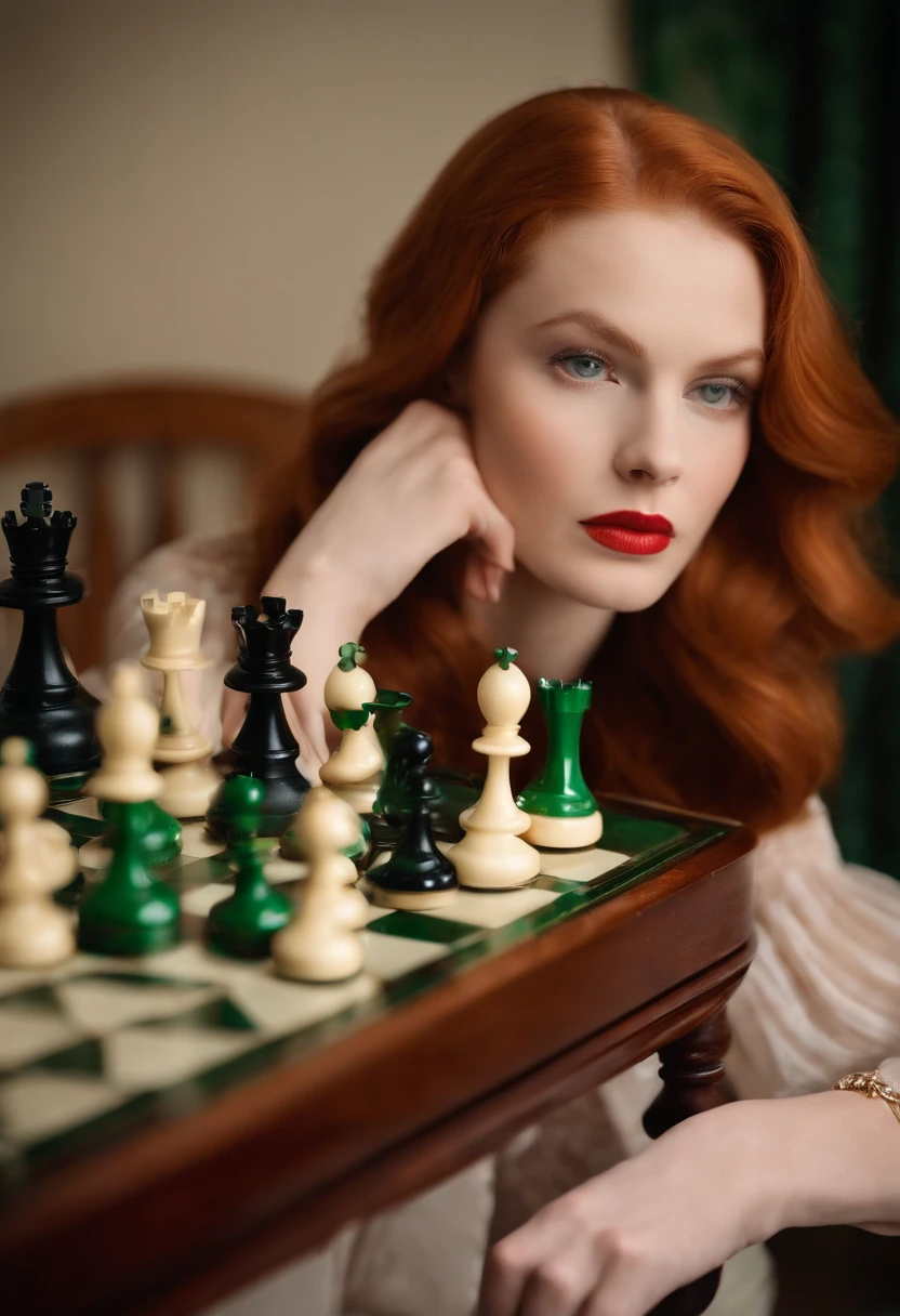A photo of a vintage chess clock with the time running out on my opponent's side,The Queen's Gambit,She is beautiful with red hair and a pale complexion, often dressed in a chic, 1960s style that reflects her bold and precise personality. Her intense green eyes are frequently a focal point, mirroring her sharp intellect and deep concentration.