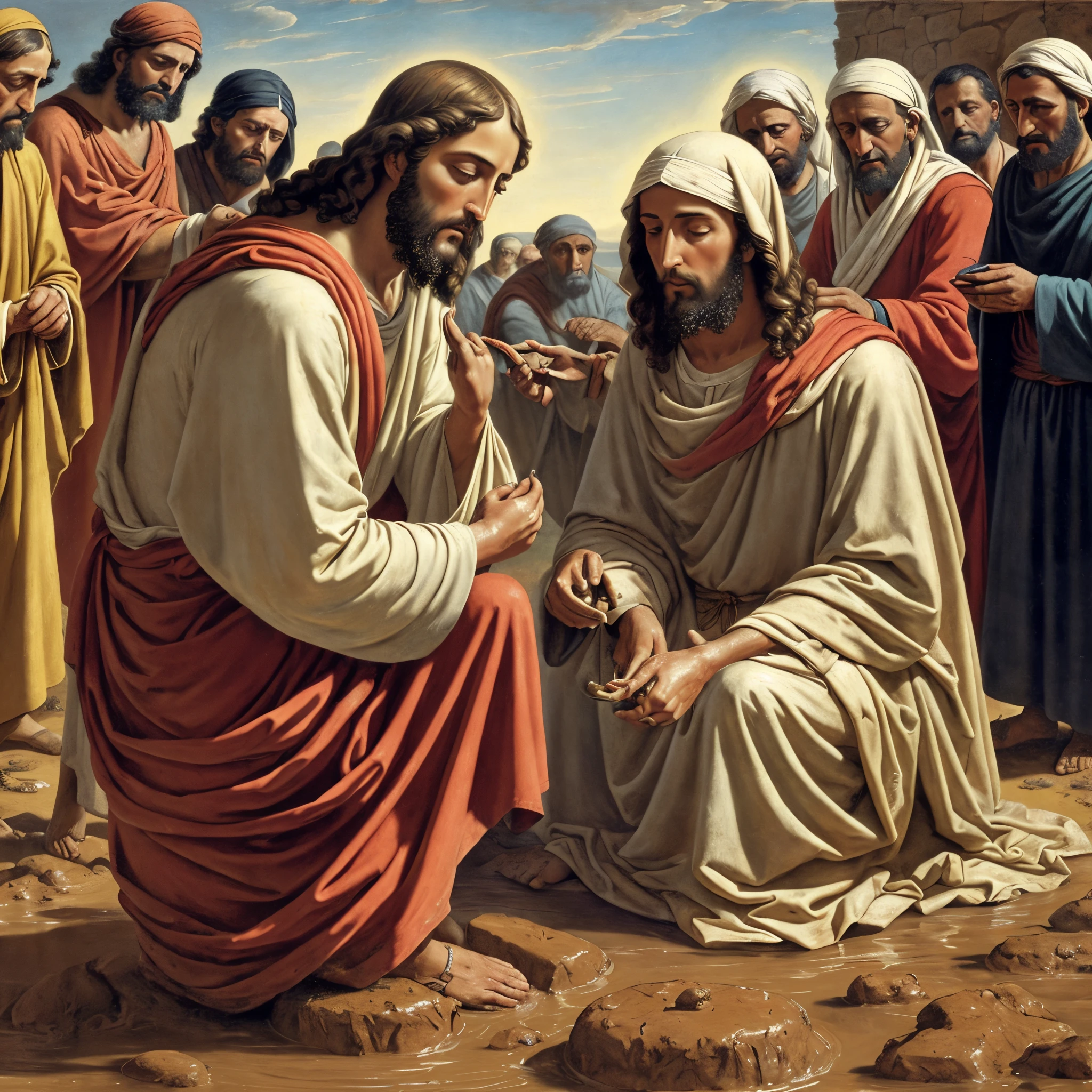 Make a picture of Jesus applying mud to the blind man's eyes, people in the background watching with attention and curiosity-ar-1920x1080-8k --auto --s2