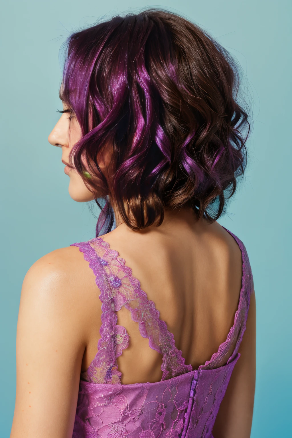 Best Quality, photorealestic, Ultra-detailed, finely detail, hight resolution, 8k wall paper, Professional, (Attractive 20 year old woman ), Elegant and stylish short curly length blue pink purple half coloring hair ,lace party dress, girl look from the back ), natural lighting, On light blue Background