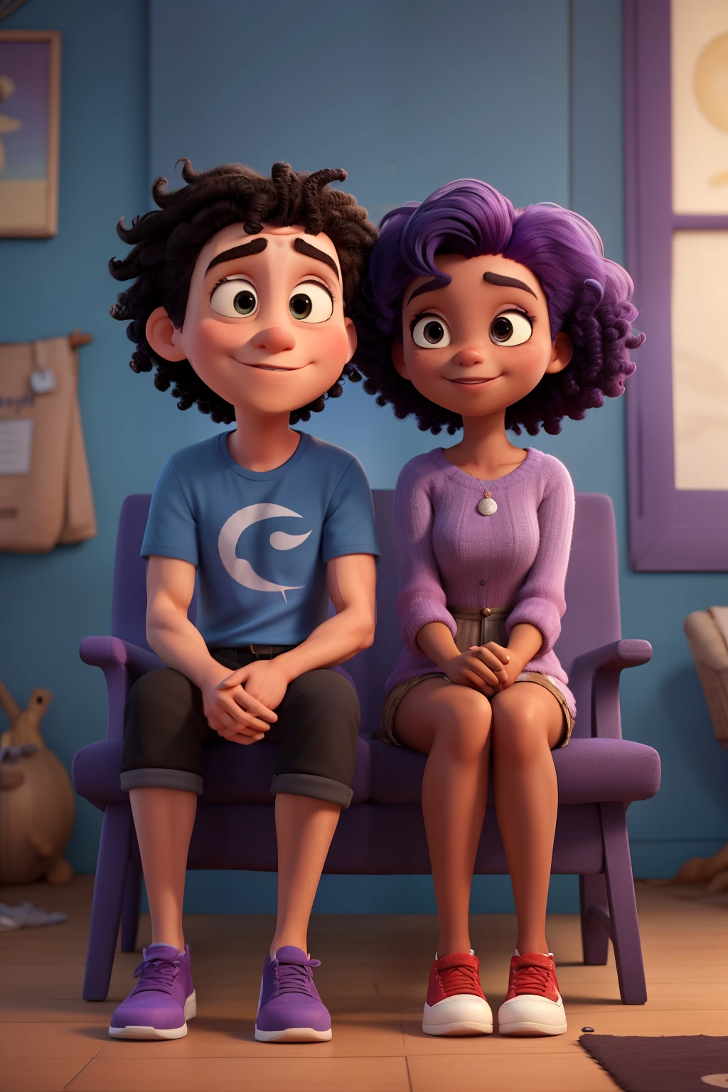 Disney Pixar style: cartoon couple in love, adults, no children. Tanned woman with smooth short blue hair on half her head and short purple hair on the other half of her head. she is sitting next to a muscular dark skinned Jamaican man who has all black hair that is in a short fade style and very curly. cozy scenery, poster, photo, fashion parent 4, 3D render