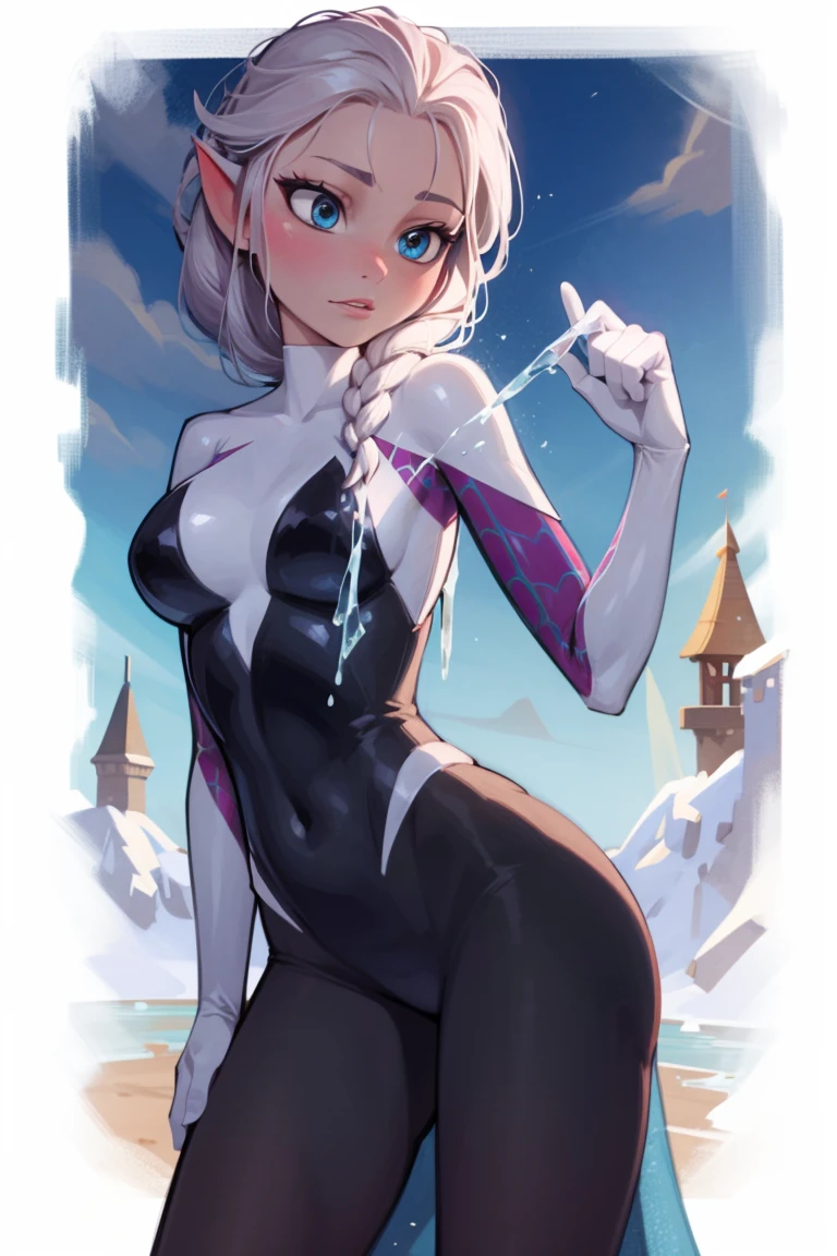 Elsa of arendelle wearing Spidergwen costume, Spidergwen costume, blue icey costume, braid, human, Elsa of arendelle