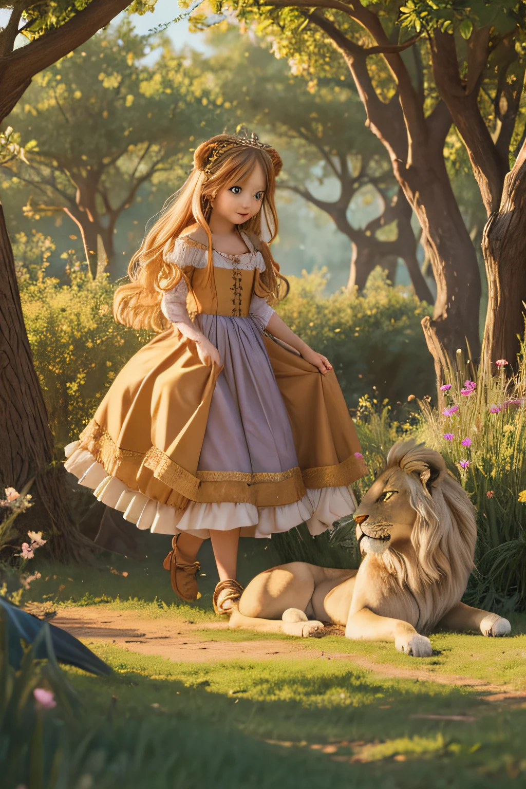 Illustration for a fairy tale about how a girl makes friends with a lion.