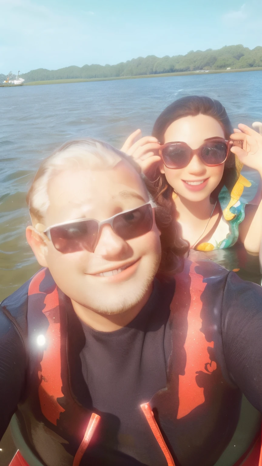 There's two people in a boat on the water, Divertindo-se ao sol, divertindo-se, lindo dia ensolarado, vacation photo, em um lago, no oceano, em um barco em um lago, Foto do perfil, Tyler Edlin e Natasha Tan, foto do perfil, Alex Yanes e Lisa Frank, piping