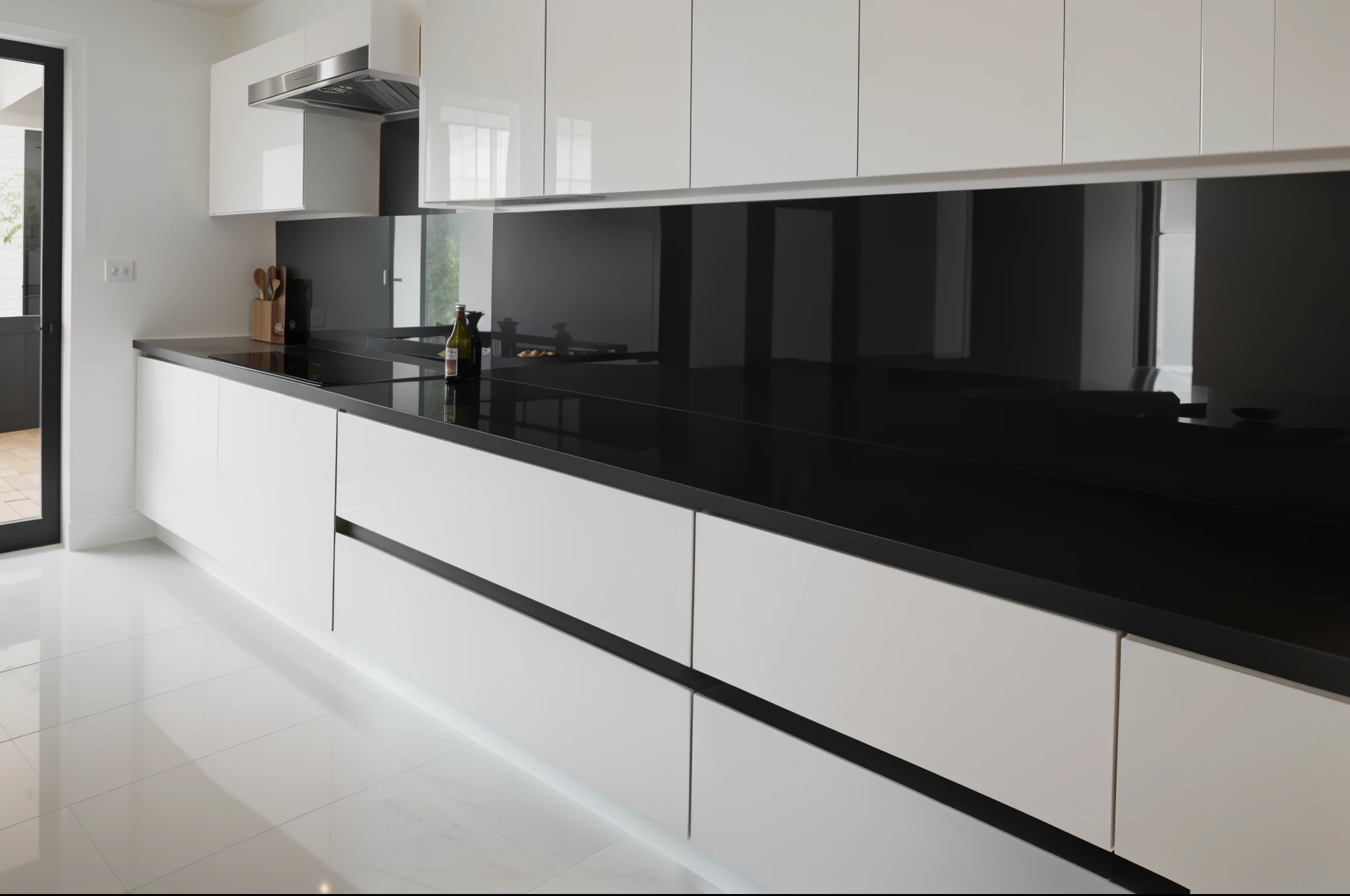 there is a kitchen with black countertops and white cabinets, kitchen counter, cabinet furniture, cozinha minimalista, novo moderno, estilo moderno, estilo de vida, cozinha escura, cozinha, glossy surface, fundo da cozinha, Verniz Preto, counter, visual moderno, minimalista moderno, branco brilhante, estilo moderno fresco, lockers, Retro style, Preto e branco elegante, cozinha, cozinha pequena