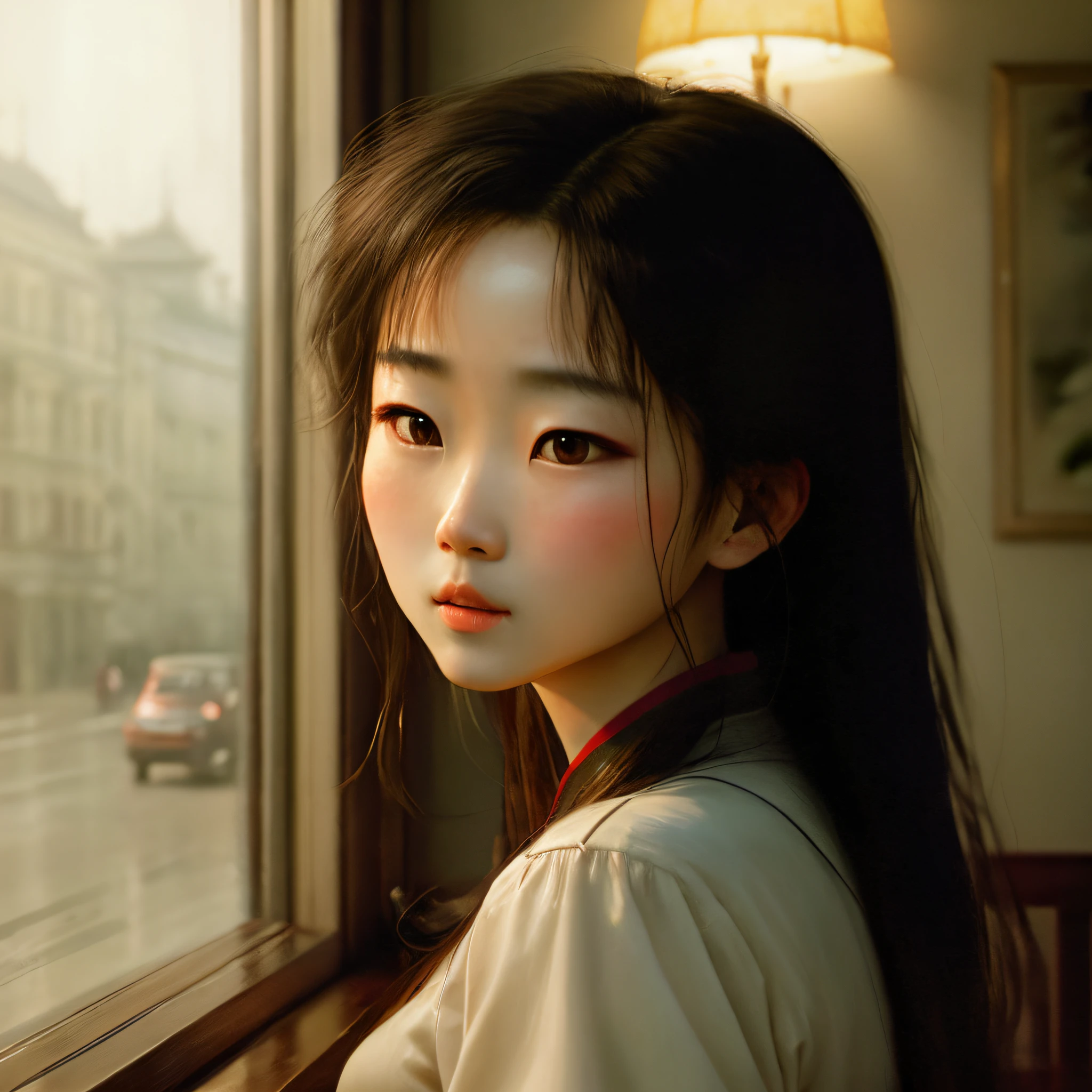 There is a drawing of a girl with long hair and a red tie, beautiful character painting, Adorable Digital Painting, Gorgeous Digital Painting, beautiful digital painting, realistic cute girl painting, stunning digital painting, by Li Song, wlop painting style, artwork in the style of guweiz, by Ye Xin, by Zhou Wenjing, digital art oil painting, by Zhang Han