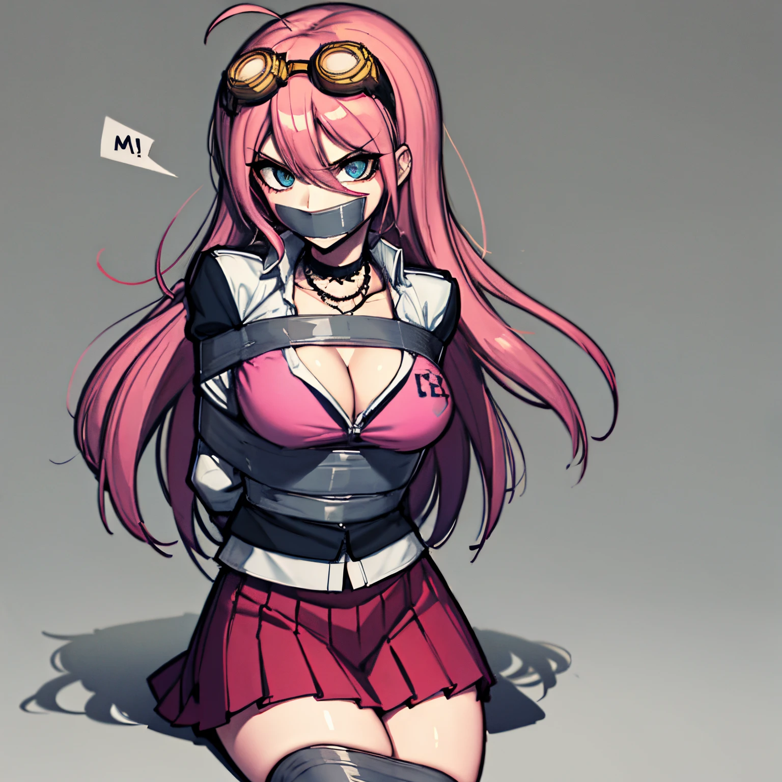 (absurdres, 8k, 4k, masterpiece, hyper extreme detailed:1.2), solo, front view portrait, best quality, portrait, solo, adult, cowboyshot, perfect anatomy, 1girl, perfect face, expressive eyes, perfect eyes, large bust, large breasts, long hair, cleavage, goggles, miuiruma, miu iruma, ahoge, pink hair, blue eyes, goggles, goggles on head, long hair, BREAK, choker, graphic t-shirt, annoyed, BREAK looking at viewer, BREAK, miu iruma, ahoge, pink hair, blue eyes, goggles, goggles on head, long hair, choker, bound, bondage, (arms behind back:1.4), bdsm, tape gag, tape, tape bondage, close-up, restrained, best anatomy, half body, tape wrapped, wrap gag, tightly bound, tape wrapped around face, tape above breasts, tape below breasts, long hair, streetwear, graphic t-shirt, jacket, half body, skirt,