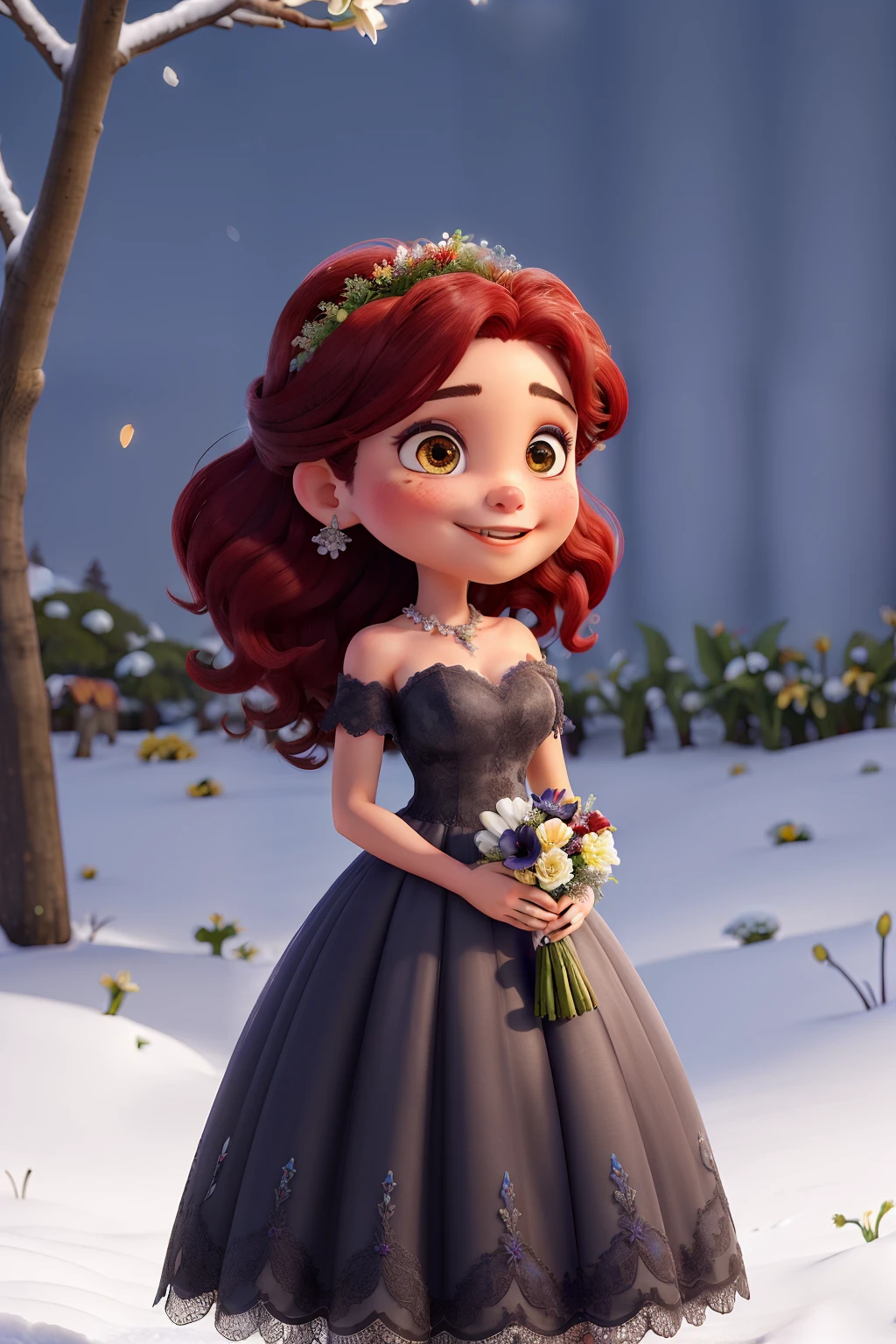 Uma garota de cabelo vermelho, com olhos azuis, usando batom preto, wearing a wedding dress and holding a bouquet of lilies in a snow-covered field