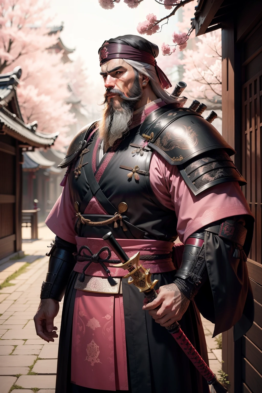 oud, Samurai, big beard, greys, katanas, pink trees, China