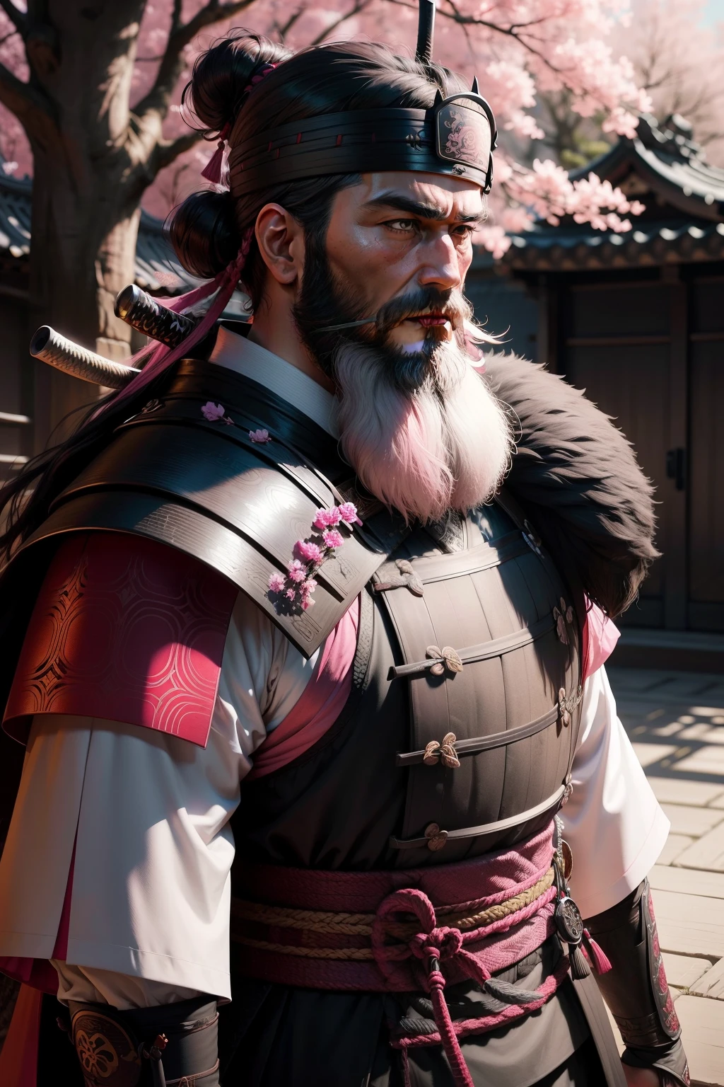 oud, Samurai, big beard, greys, katanas, pink trees, China