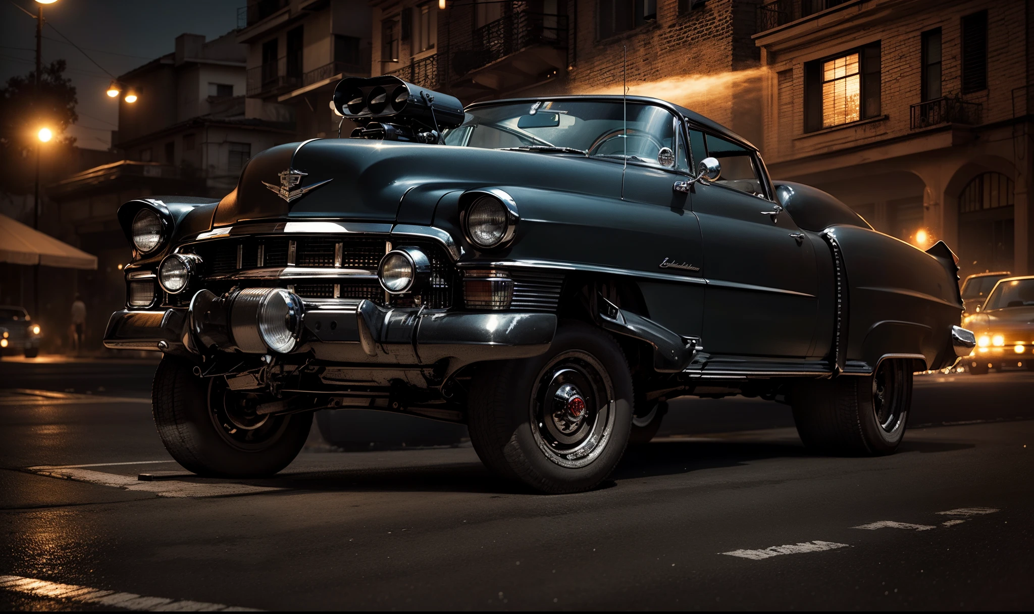 an imposing black Cadillac Gasser model with its headlights on on a street in East Los Angeles on a night full of stars with Saturn appearing with rings and comets crossing the sky and with the full moon illuminated and reflecting objects. Grafitti nos muros e carros e a rua molhada e refletiva com as faixas de pedestre . 1990, estilo gangster