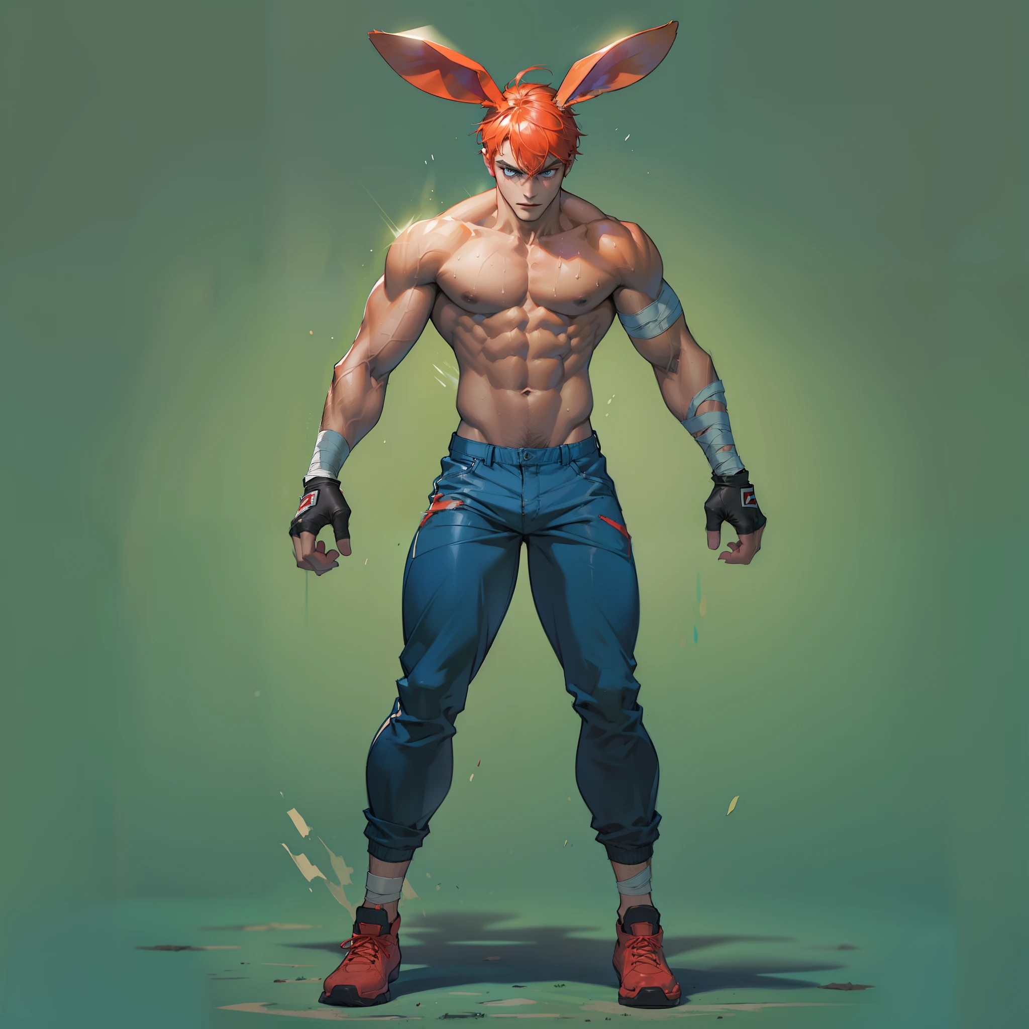 (High resolution, best quality, masterpiece) intricate detail, extremely detailed, full body, (toned body)) athletic body, slender, solo, ((male)), (slim_hunk), young, anthro rabbit man, athlete, red hair, ((bunny ears, bunny tail), blue eyes, (detailed eyes), short red hair, handsome, smooth skin, sports, (topwear:black shirt, bottomwear:blue pants, handwear: bandages))), fingerless gloves, fierce looking, determined expression, standing, ((solo)), sweat