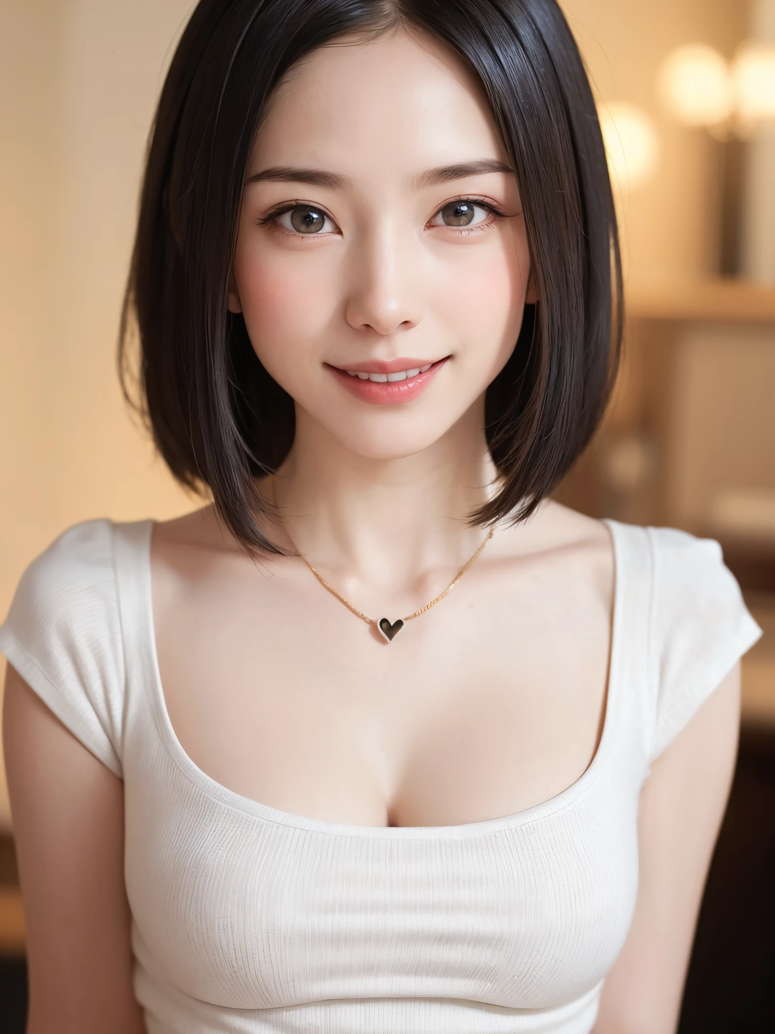 女の子1人、top-quality、realisitic、report、depth of fields、natural soft light、during daytime、魅惑的、beauitful face、Cleanliness、Pure face、de pele branca、cute hawk hair、bangss、the beach、rays of sunshine、Nedium Breast Body Esbian、((Beautiful face with golden ratio in sweater、Beautiful symmetrical face))、long neck、Put your ears out、Clean short bob hair with bangs、Smile with your mouth closed:1.4、Smile with your mouth closed:1.4、Perfect fingers、perfect hand、Perfect body、face perfect、Shine a light into the eyes、Perfect Anatomy:1.4、very cute super model:1.4