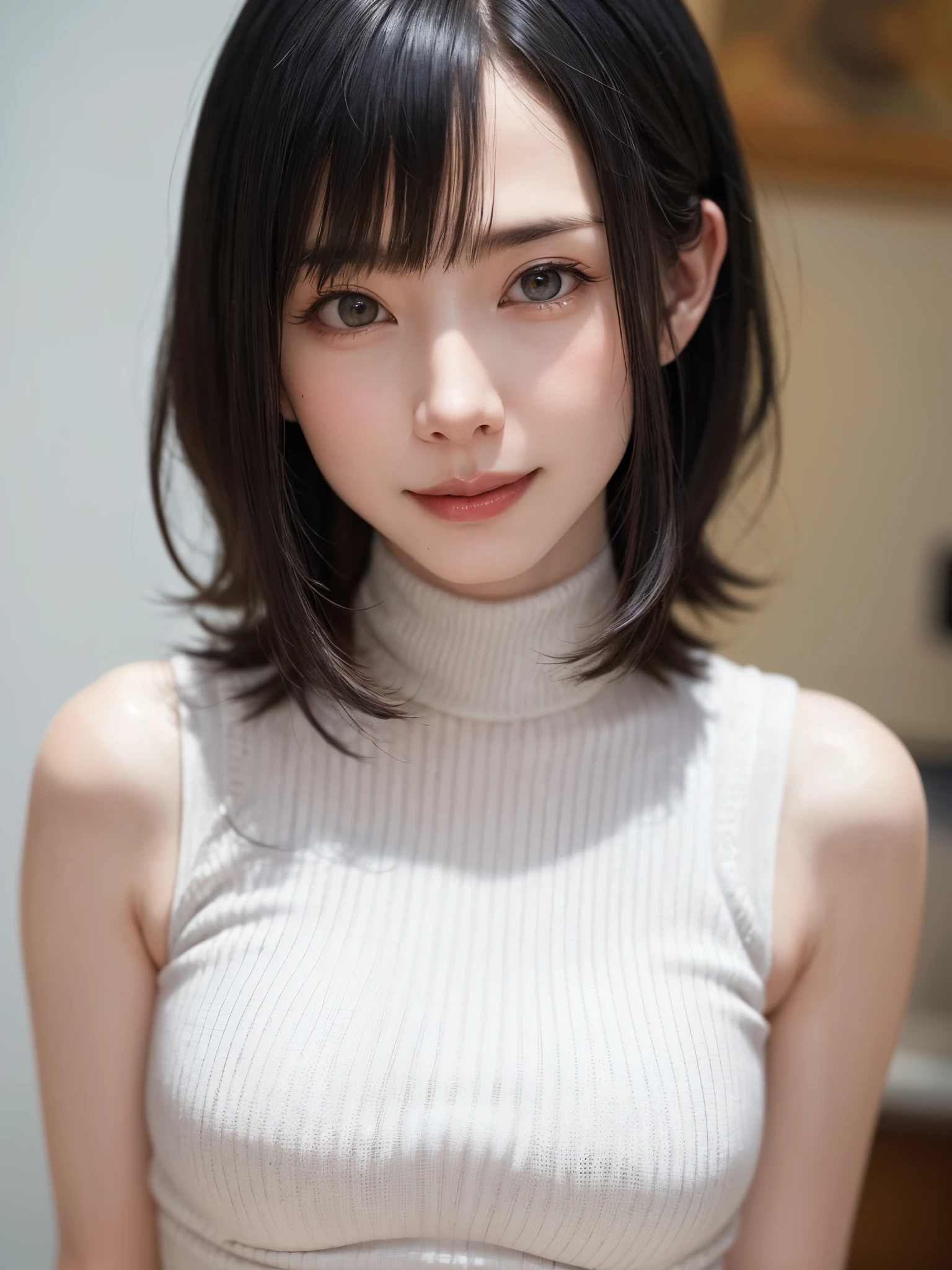 (masutepiece, top-quality、Very attractive adult beauty、Add intense highlights to the eyes、Look firmly at the camera:1.4、Beautiful woman full of adult charm、Ideal ratio body proportions、Perfect Anatomy、Brunette Short Bob Hair、Lustrous hair、lipgloss),1girl in, 独奏, Light brown shiny hair, muffler,realisitic, looking at the viewers、Tilt your head slightly, Bright colored crystal light blue eyes, short shiny hair、 White turtleneck outfit with a hole in the center of the chest,Sexy white turtleneck knit sweater with a round hole in the middle of the chest、 s lips, lipgloss,bangss, The upper part of the body、big eye、Lashes、The face is a little red、Embarrassing)、((Road system in Italy in winter))、((Shorthair with bangs、big eye、Put very strong highlights in your students、{Gigantic|Big|Huge|Mega} breasts:1.4、very Bigger breasts、gazing at viewer、Very beautiful beauty、Put your ears out、long neck、little smiling、Beautiful teeth、Open your mouth and smile、Heart-shaped pupil))、28 year old、Very cute supermodel、