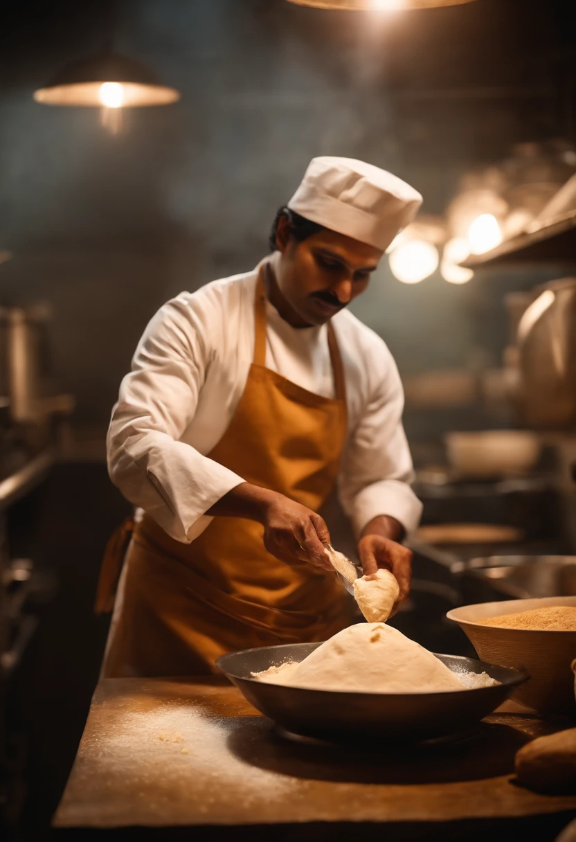 Draw an Indian chef pounding dough to make naan。