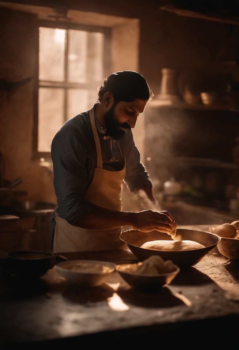 Draw an Indian chef pounding dough to make naan。