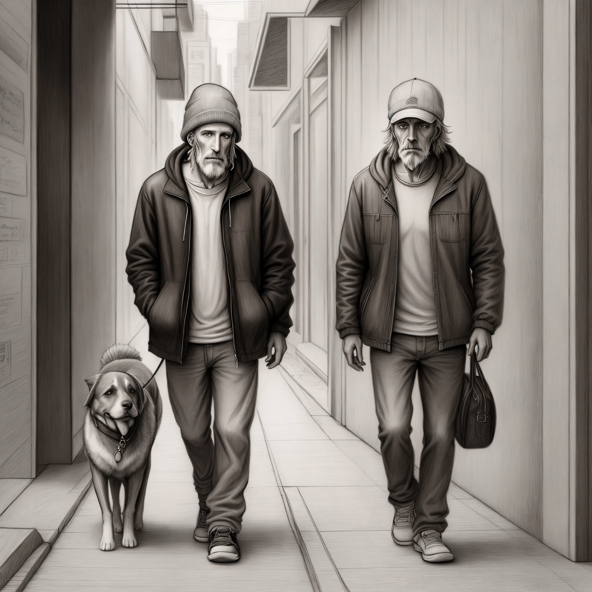 Homeless man walking dog pencil
drawing