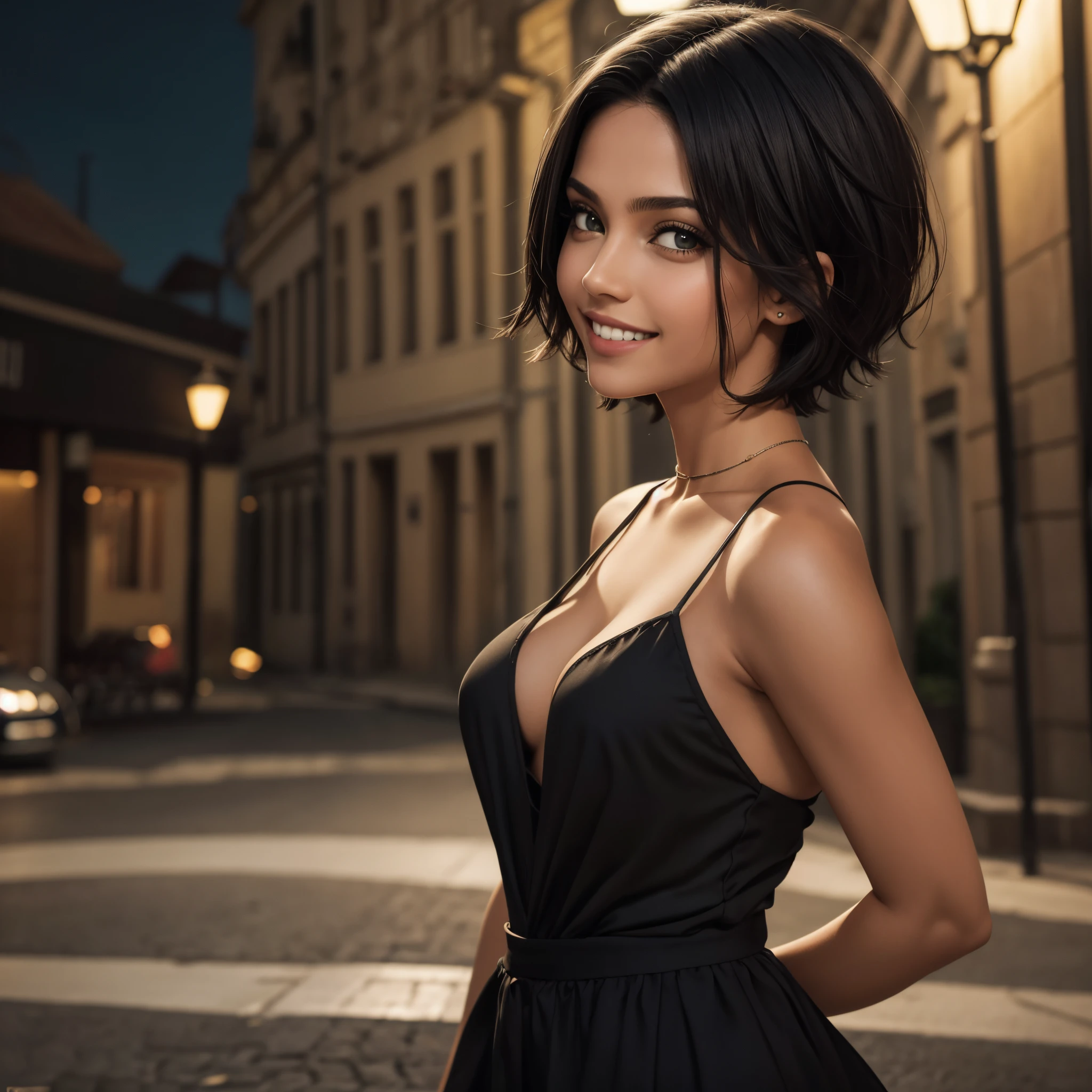 uma jovem de cabelo preto, olhos verdes, short hair up to the shoulders, she is in the square, it is night time, ela esta de roupa simples e elegante, roupas detalhadas, is discouraged, melhor fotografia, obra prima, luz cinematografica, ela esta sorridente, feliz, mostrando os dentes
