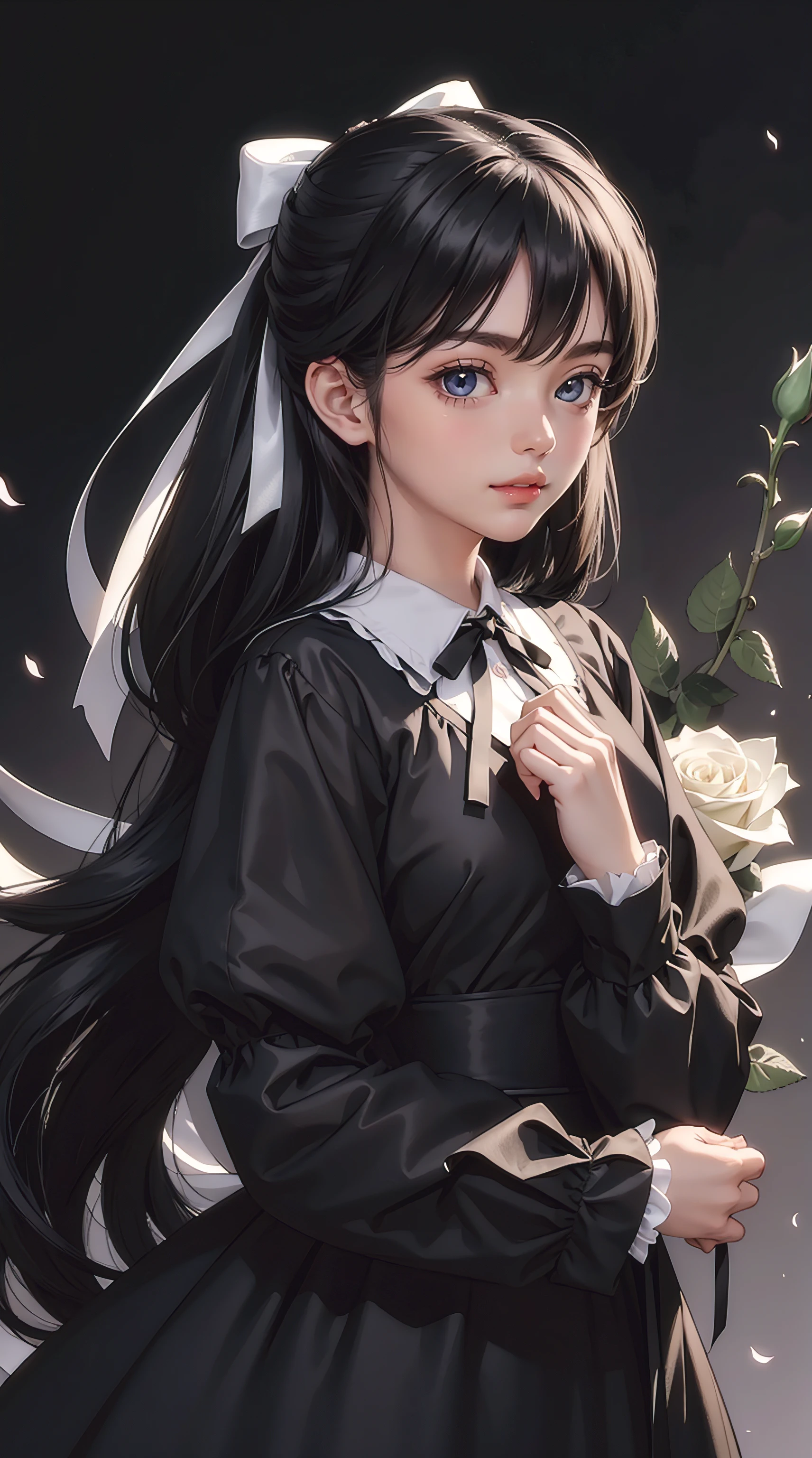 ((masterpiece, best quality)),best aesthetic,1girl, solo, long hair, black dress, flower, ribbon, black background, black hair, rose, hair ribbon, green eyes, long sleeves, white rose, closed mouth, black ribbon, upper body, cinematic lighting