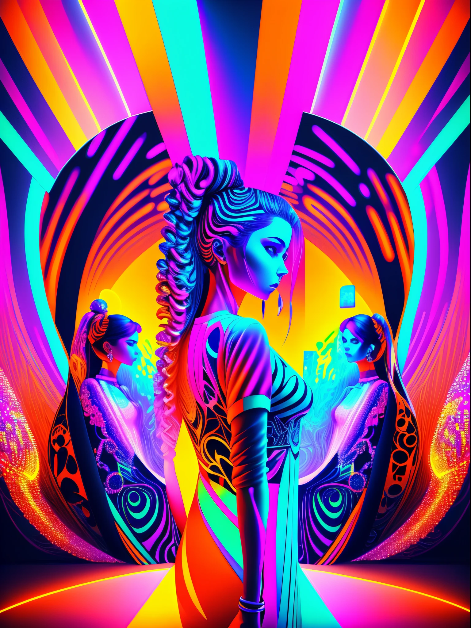An ultra-detailed, high-quality, 4k or 8k masterpiece of a psychedelic, UV active artwork. The scene features colorful and vibrant visuals that evoke a trippy and mesmerizing atmosphere. The main focus of the artwork is on a group of pretty women who are dressed in futuristic cyberpunk fashion, showcasing their unique tech wear. The women stand amidst a dazzling array of UV lights and pulsating neon colors, with the scene creating a mesmerizing and otherworldly effect. The artwork captures the essence of a psychedelic experience, incorporating elements of surrealism and abstract art. The colors and patterns shift and blend in an enchanting way, giving the artwork a dynamic and immersive feel. The lighting accentuates the vividness of the colors, creating a captivating visual spectacle. The overall style and composition of the artwork draw inspiration from the aesthetics of cyberpunk and rave culture. The blend of psychedelic and cyberpunk elements creates a visually stunning and conceptually intriguing piece of art.