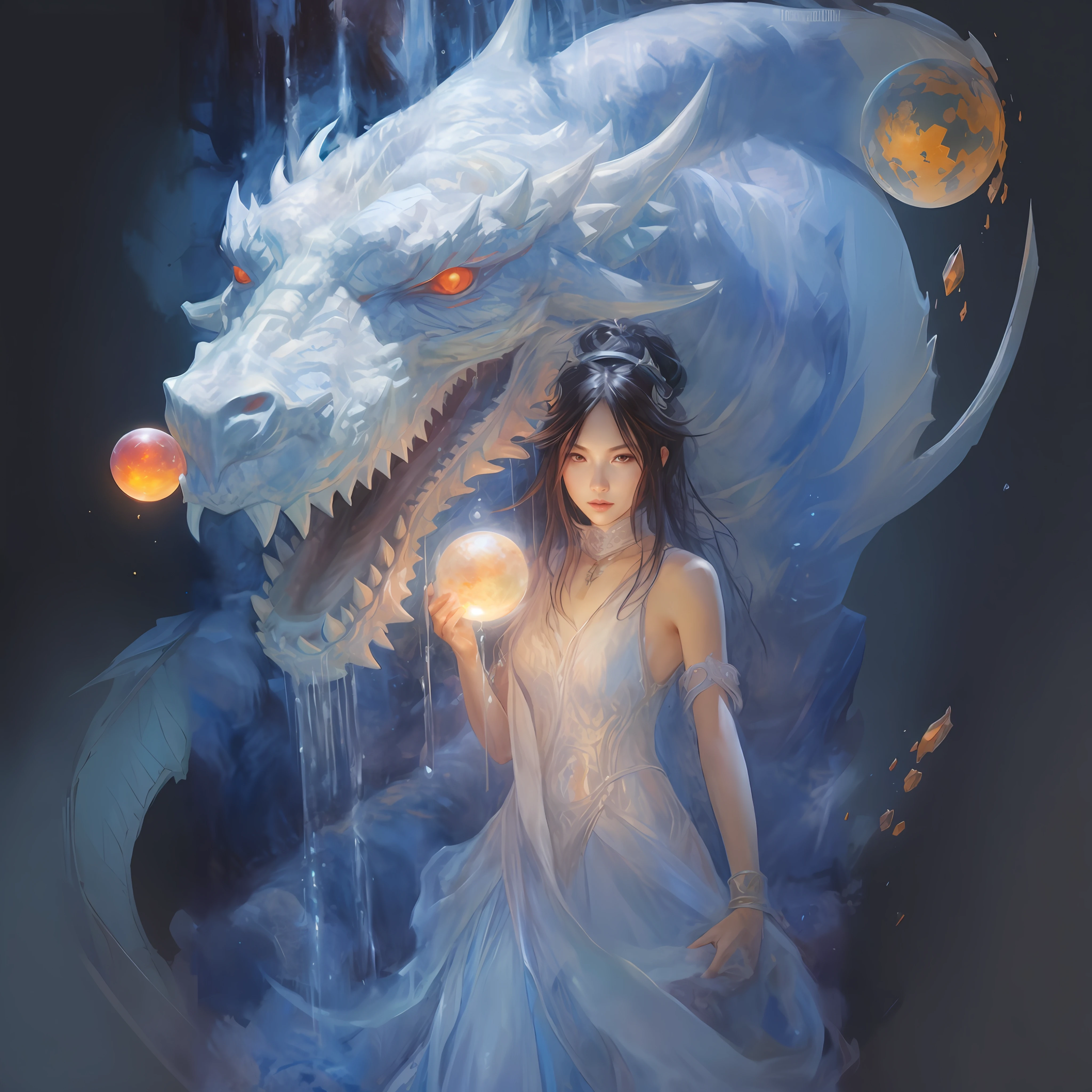 A woman in a white dress holding a crystal ball with a dragon on it, Low - Angle，BREAK, (((White Dragon)))，Chinese Dragon，Rising from behind her into the sky，Realistic sparkling blue eyes，Sharpened wisdom and mystery，A presence that resonates with all five senses，Glass gloss，High gloss，Bluecon Pink，Cyan，red，White Cloud Magic，BREAK, ファンタジーDragon Art，Immersion，Fascinating work，ross tran and artgerm, Dragon Art, Lostrun 8k, ArtJam detailed