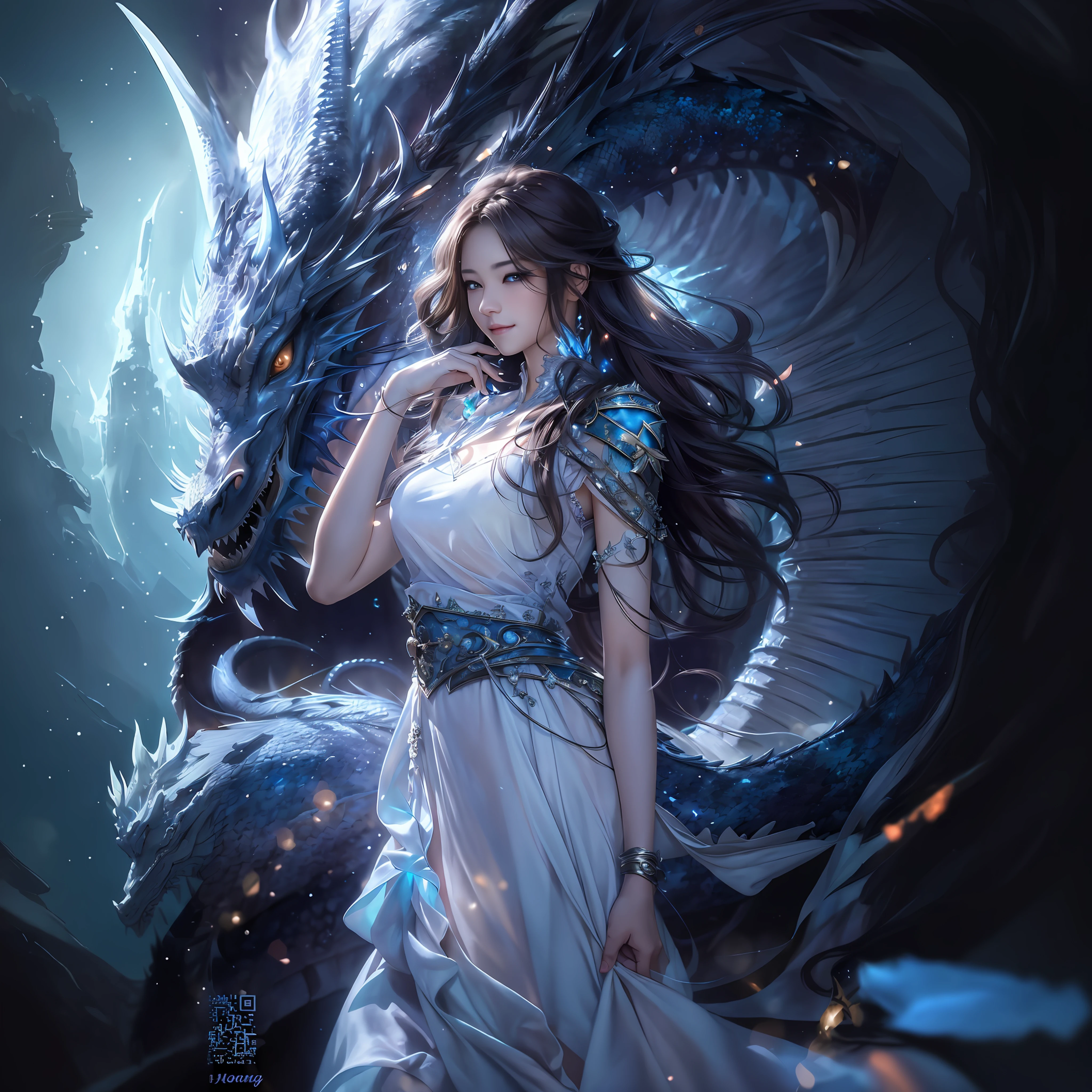 a woman in a white dress with a dragon on her shoulder, by Yang J, detailed fantasy art, beautiful fantasy art, xianxia fantasy, digital fantasy art ), trending digital fantasy art, fantasy art style, the dragon girl portrait, detailed fantasy digital art, dragon girl, amazing fantasy art, chinese fantasy, epic fantasy art style hd, breathtaking fantasy art