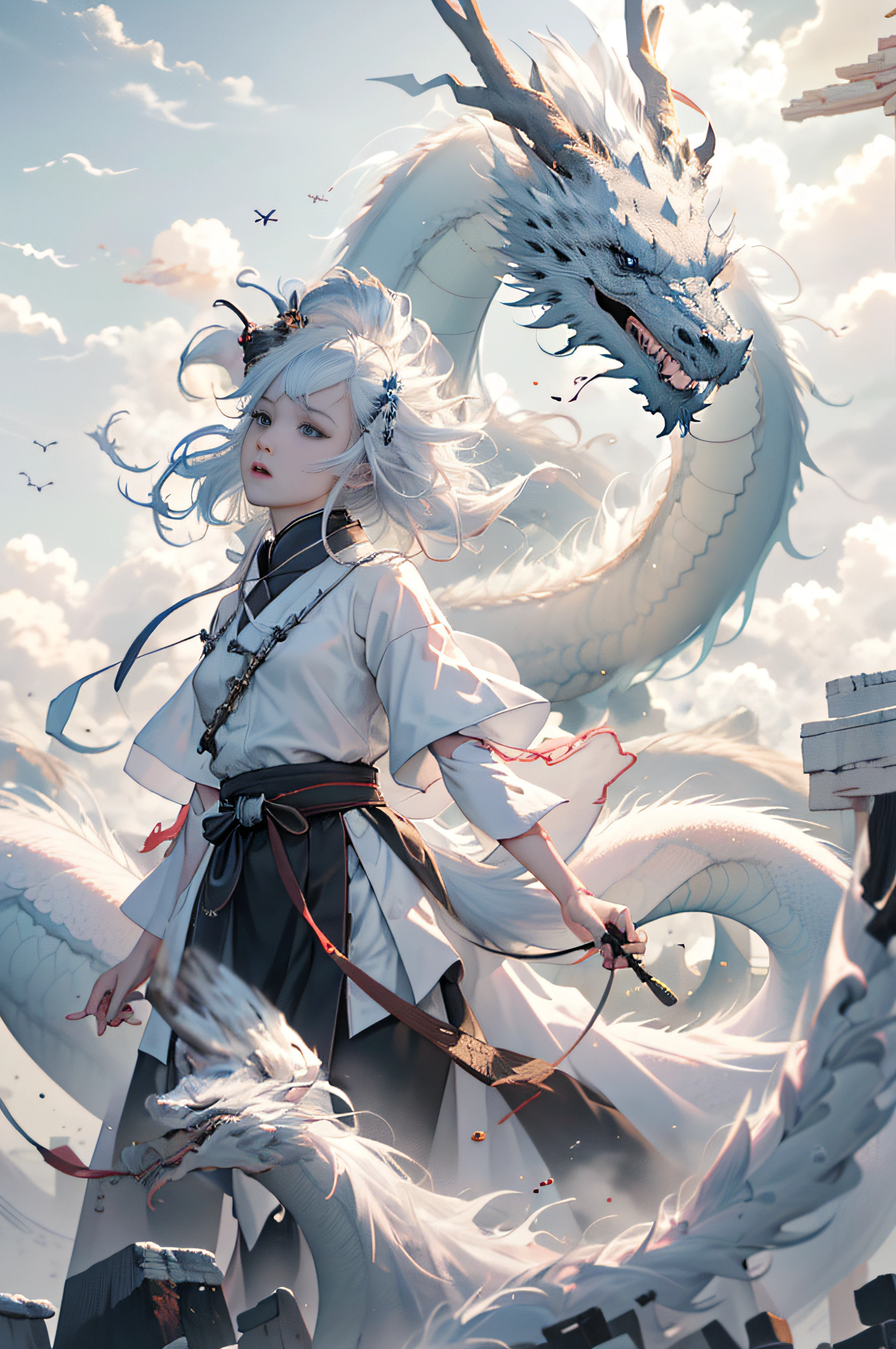 Dynamic Lighting, Art Station, Poster, Volume Lighting, Very Detailed Faces, 4k Wallpaper, Award-Standing, 1 Girl with White Hair, Long Flowing Hair, Ponytail, Fringed Hair Ornament, Dynamic Perspective, White Hanfu, White Gauze Flying, Red Belt, Sexy, Traditional Chinese Ink Painting, Surrounded by Clouds and Mist, Mist, Riding a White Dragon Dragon Head, Stroking the Dragon Head, White Dragon Horns, Dynamic Perspective, Movie Lighting,