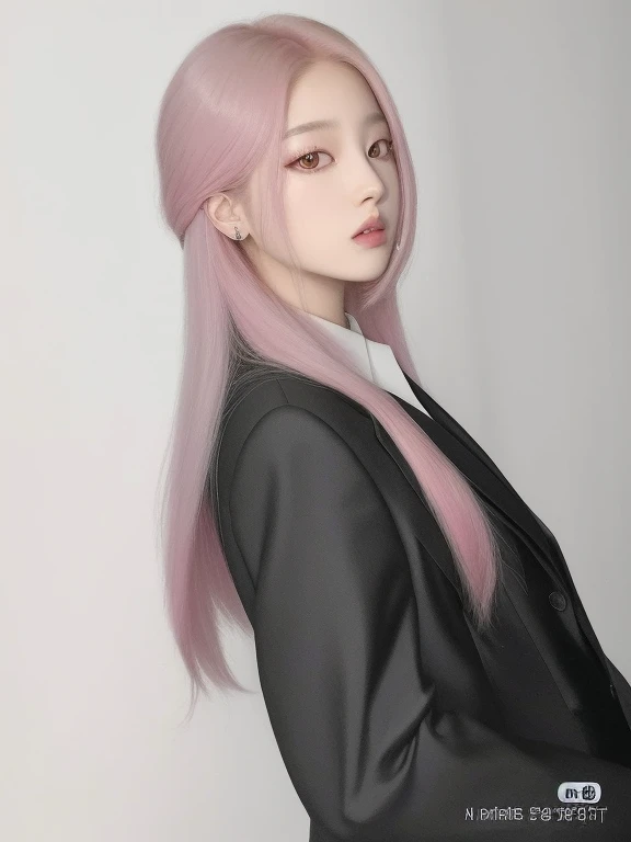 arafed image of a woman with long hair and a suit, roseanne park of blackpink, jossi of blackpink, portrait of jossi of blackpink, straight hairstyle, long hair with pastel colors, with long white hair, pink straight hair, with white long hair, her hair is white, jisoo of blackpink, with long hair, white hime cut hairstyle