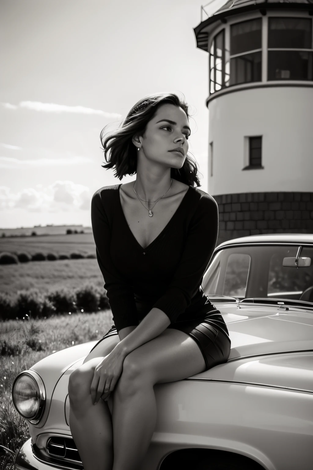 Black and white picture, arafed woman sitting on a car in a field with a lighthouse in the background, inspired by Max Dupain, black and white photography, inspired by Jerry Schatzberg, black & white photo, black and white monochrome, b&w photography, black and white photo, sepia photography, vintage photography, in the countryside, b&w photo