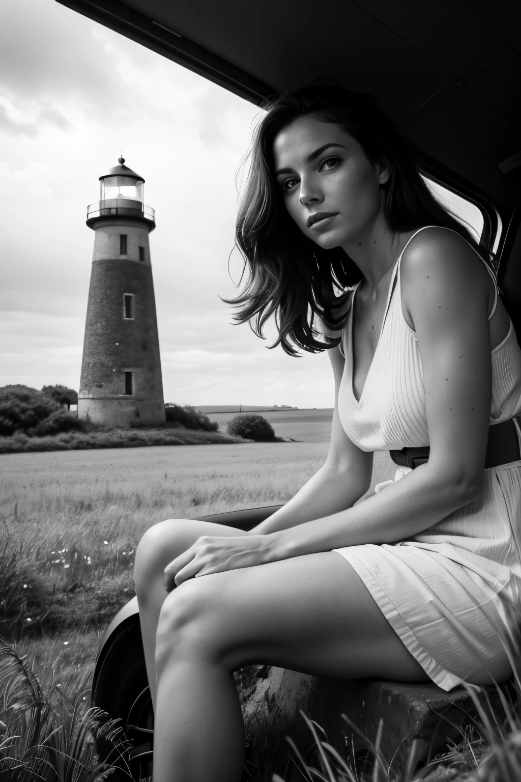 Black and white picture, arafed woman sitting on a car in a field with a lighthouse in the background, inspired by Max Dupain, black and white photography, inspired by Jerry Schatzberg, black & white photo, black and white monochrome, b&w photography, black and white photo, sepia photography, vintage photography, in the countryside, b&w photo