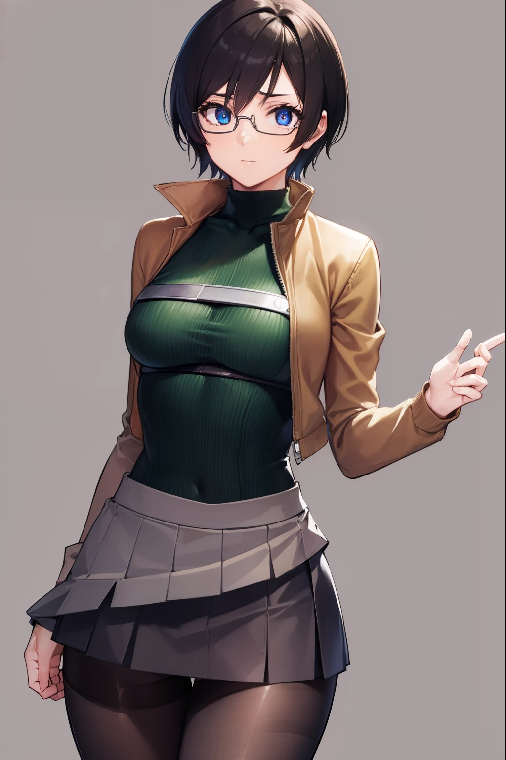 Yuffie Exaragi, Yuffie Kisaragi, 1 girl in、独奏、Short hair, Long-sleeved jacket,turtle neck,((a miniskirt))、((pantyhose))、((eye glasses))
Blake Cowboy Shot, Looking at Viewer, 
BREAK (masutepiece:1.2), Best Quality, High resolution, Unity 8k壁纸, (Illustration:0.8), (Beautiful detailed eyes:1.6), extra detailed face, Perfect Lighting, extremely details CG, (Perfect hands, Perfect Anatomy),