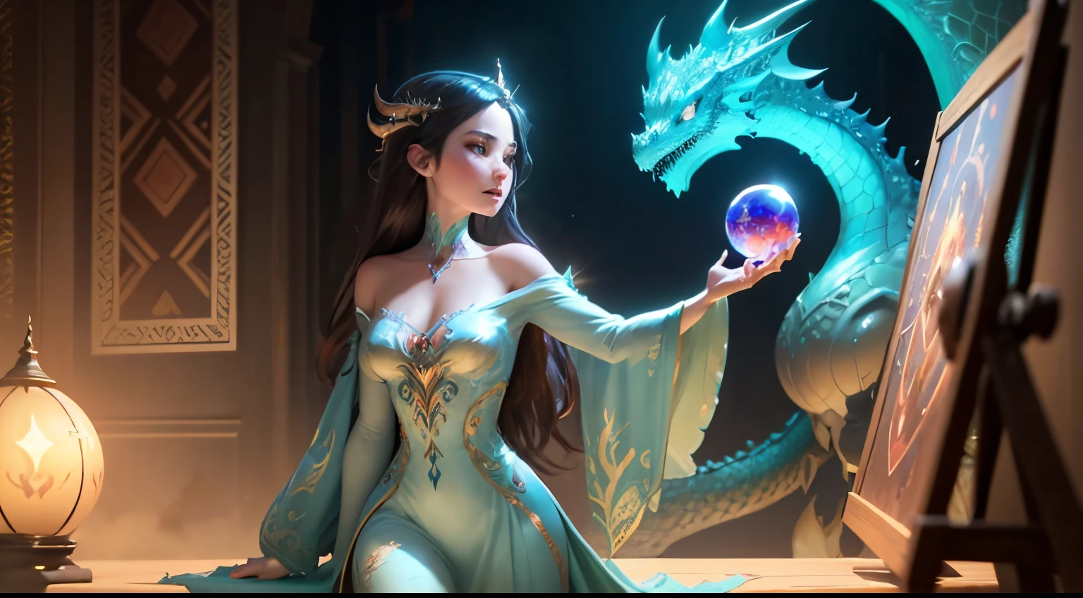 a woman holding a crystal ball with a dragon inside, hyperrealistic fantasy art, digital fantasy art, realistic fantasy artwork, chinese fantasy, beautiful fantasy art, trending digital fantasy art, fantasy art style, realistic fantasy painting, amazing fantasy art, very beautiful fantasy art, beautiful digital art, digital fantasy art