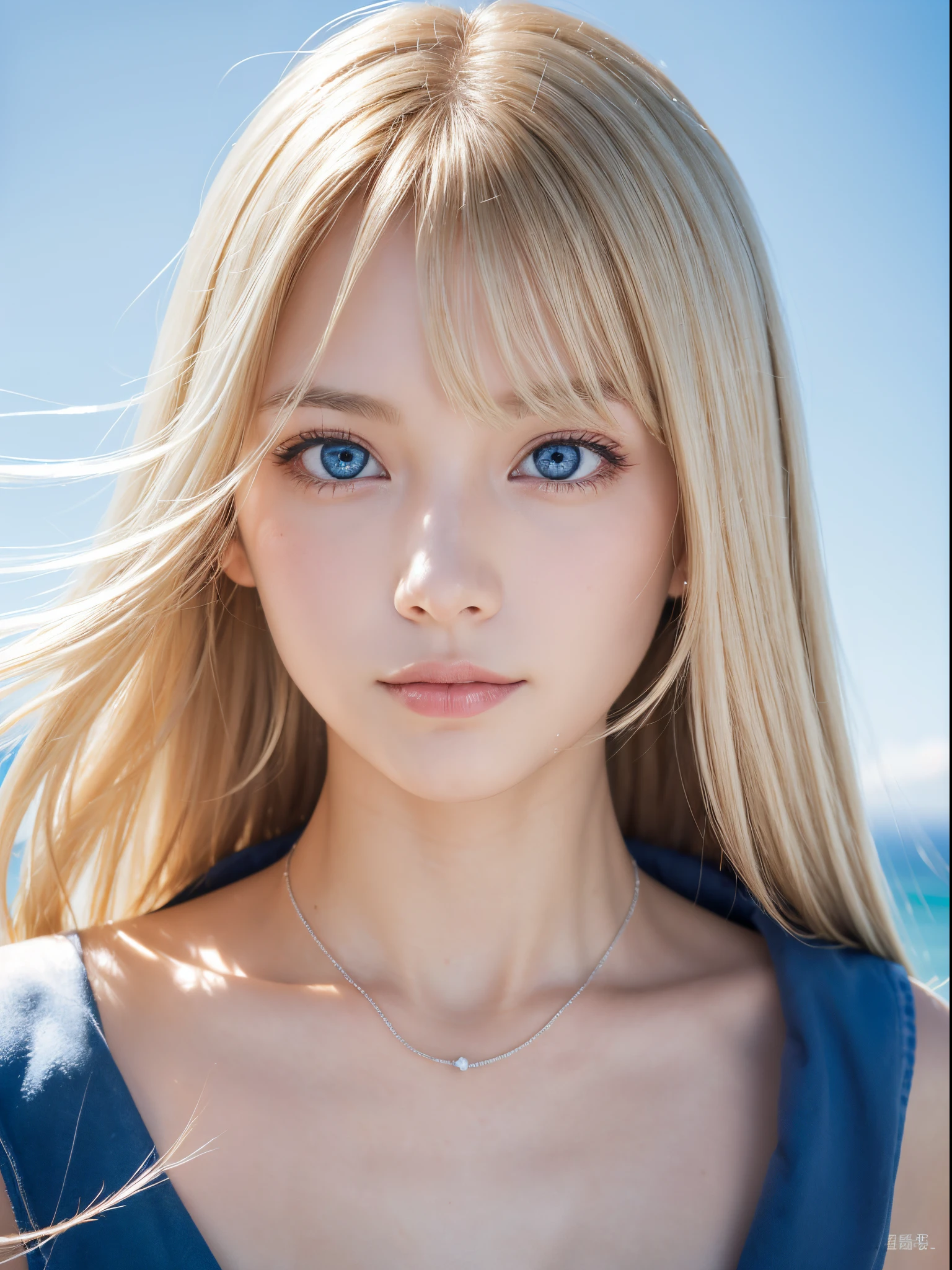 (masutepiece, Best Quality:1.3), 8K, Official art, Raw photo, absurderes, delicate blonde girl, (Big close-up, Cute face:1.2), White Bikini, Cinch West, Large breasts, Bangs, violaceaess, gardeniass, (Solo, Beach, Horizon, Beautiful sea, skyporn, A clear day:0.8), (Simple background:1.4), (Bokeh background:1.3), face lights, Teen, Looking at Viewer, thin arm, Film grain, chromatic abberation, Sharp Focus, Dynamic lighting, (Detailed face:1.2), (Smile:0.3)、Super Long Straight Blonde Hair、Teak Gloss、Gloss Face、Large, Beautiful pale blue eyes