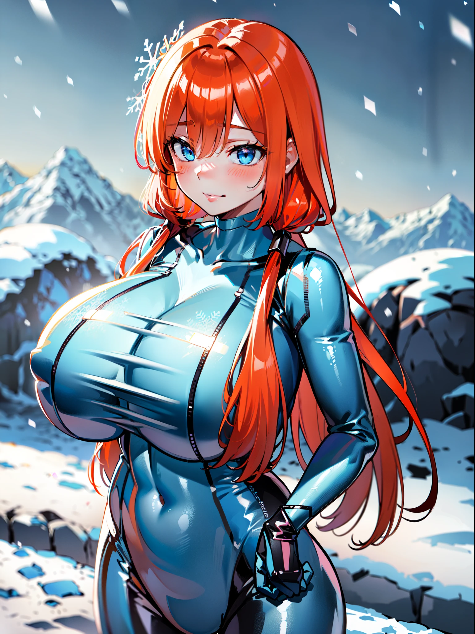 masterpiece, best quality, extremely detailed, 1girl, solo, nakano yotsuba, (huge breasts:1.7), ((((orange hair), long hair, twintails, blue eyes))), parted lips, (((covered collarbone, zero suit, blue gloves))), ((light smile), closed mouth), ((hands on own hips, mountain, winter, snowing, snowflakes))