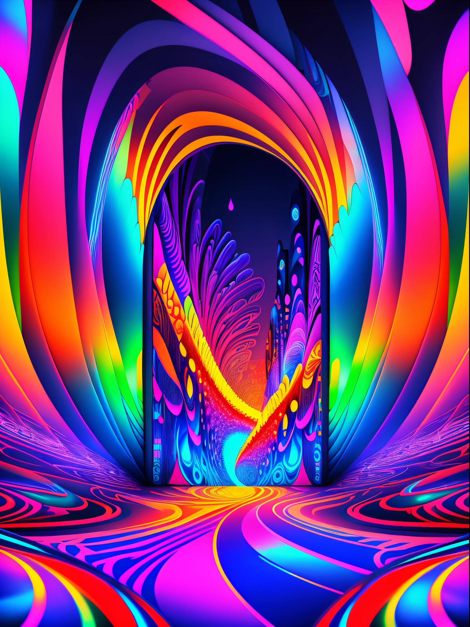 An ultra-detailed, high-quality, 4k or 8k masterpiece of a psychedelic, UV active artwork. The scene features colorful and vibrant visuals that evoke a trippy and mesmerizing atmosphere. The artwork captures the essence of a psychedelic experience, incorporating elements of surrealism and abstract art. The colors and patterns shift and blend in an enchanting way, giving the artwork a dynamic and immersive feel. The lighting accentuates the vividness of the colors, creating a captivating visual spectacle. The overall style and composition of the artwork draw inspiration from the aesthetics of cyberpunk and rave culture. The blend of psychedelic and cyberpunk elements creates a visually stunning and conceptually intriguing piece of art.