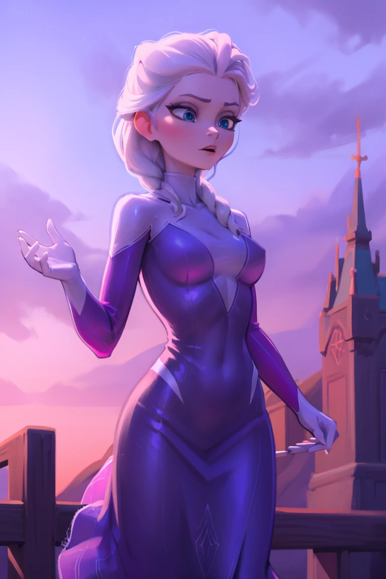 Elsa of arendelle wearing Spidergwen costume, Spidergwen costume, blue icey costume, braid