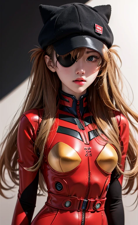 (tmasterpiece:1.4、highest quality)、(Complicated details)、Unity8k wallpaper、ultra - detailed、Beautiful and mysterious、detailedbackground、of a real、Alone、The details of the face are perfect、Detailed blue eyes、The is very detailed、face flushed、hair adornments、mahogany bun、(Blonde hair)、Plug set 02,Shikinami Asuka Langley、Shin Evangelion、slim girl、There is a black band-shaped eye patch above the left eye.、Full body suit、with black background、On the waist、Pirate hat、Red breast、Red jersey、White lines on arms