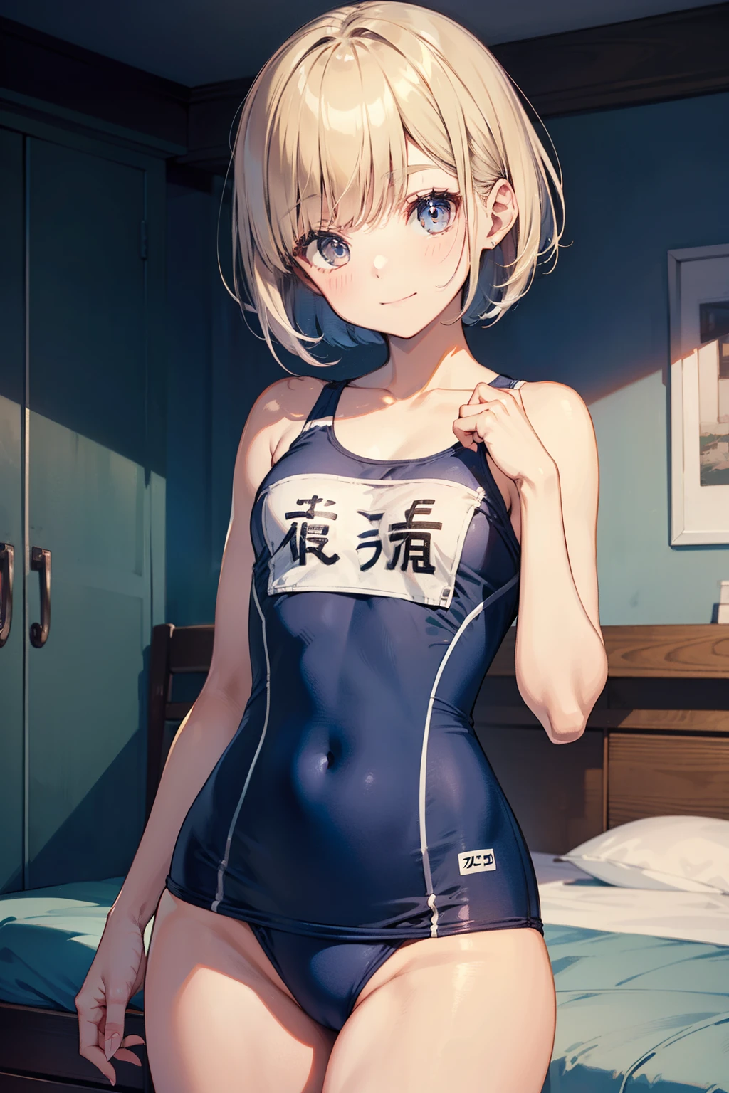 top-quality、Full limbs、complete fingers、Slender beauty、ssmile、Wearing a school swimsuit、Bery short hair、bob cuts、darkened room、bend your waist and look at me、Put your hands on your buttocks