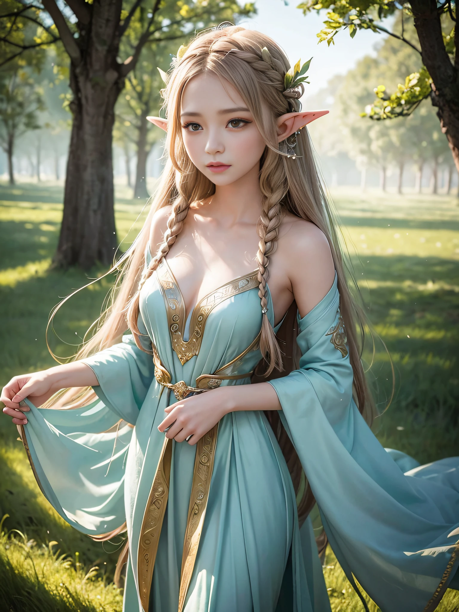 Graceful elven girl standing in meadow, Delicate face illuminated by the soft light of the setting sun. Her long, Flowing hair runs down your back, Decorated with intricate braids、Adorned with sparkling gemstones. This great photo is、、、It captures the ethereal beauty of elves. Slender figure in silk dress、Swaying in the soft steppe breeze. Attention to detail、Face that is、Face that is、Face that is、Face that is、It is evident in the intricate patterns of the dress and the subtle highlights of the luminescence. skin. The breathtaking portrayal of the elven girl is、、、、、Create an enchanting atmosphere、It invites the viewer to a magical world.