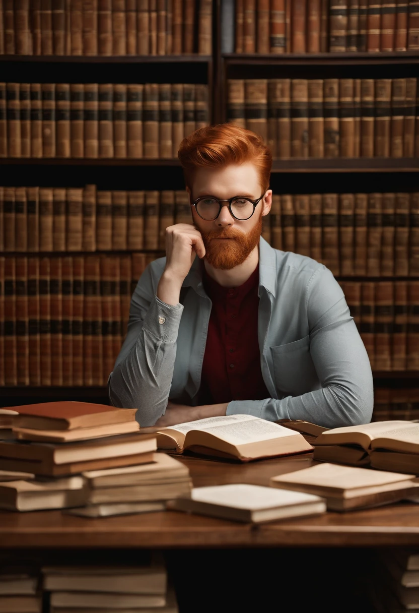 A photo of a person sitting in a quiet library, surrounded by stacks of books.,original,red hair, red beard, brown eyes, pale skin, square-framed glasses, button-up shirts, dress slacks, Scandinavian, thin, slender, tall