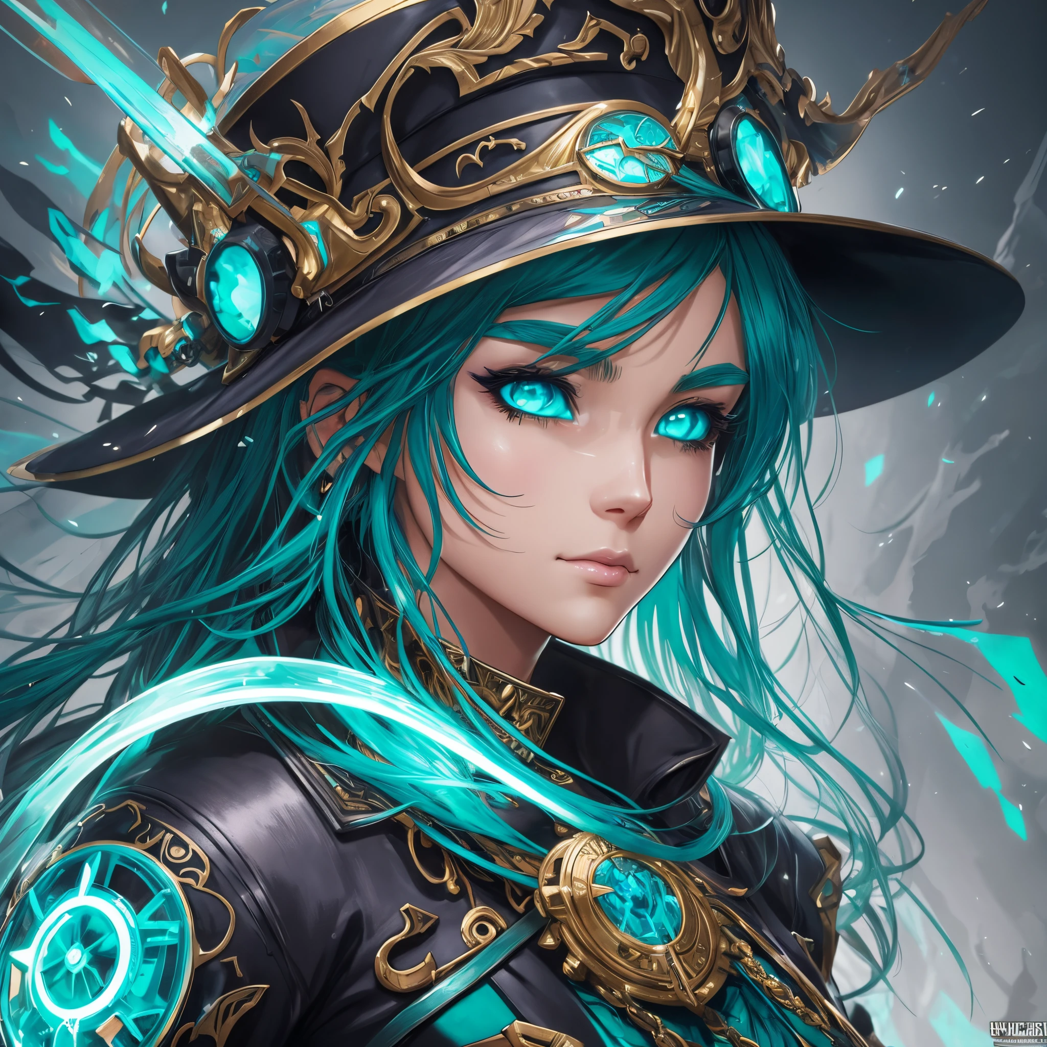 a close up of a person wearing a hat, anime fantasy artwork, black and aqua colors, ghostpunk, e - girl, black and green scheme, ultra detailed faces, military outfit, as a human, cover manga, striking artstyle, chaotic punk, mint, animesque, head and shoulders portrait, 8k resolution concept art portrait by greg rutkowski, artgerm, wlop, alphonse mucha dynamic lighting hyperdetailed intricately detailed splash art trending on artstation triadic colors unreal engine 5 volumetric lighting --auto --s2