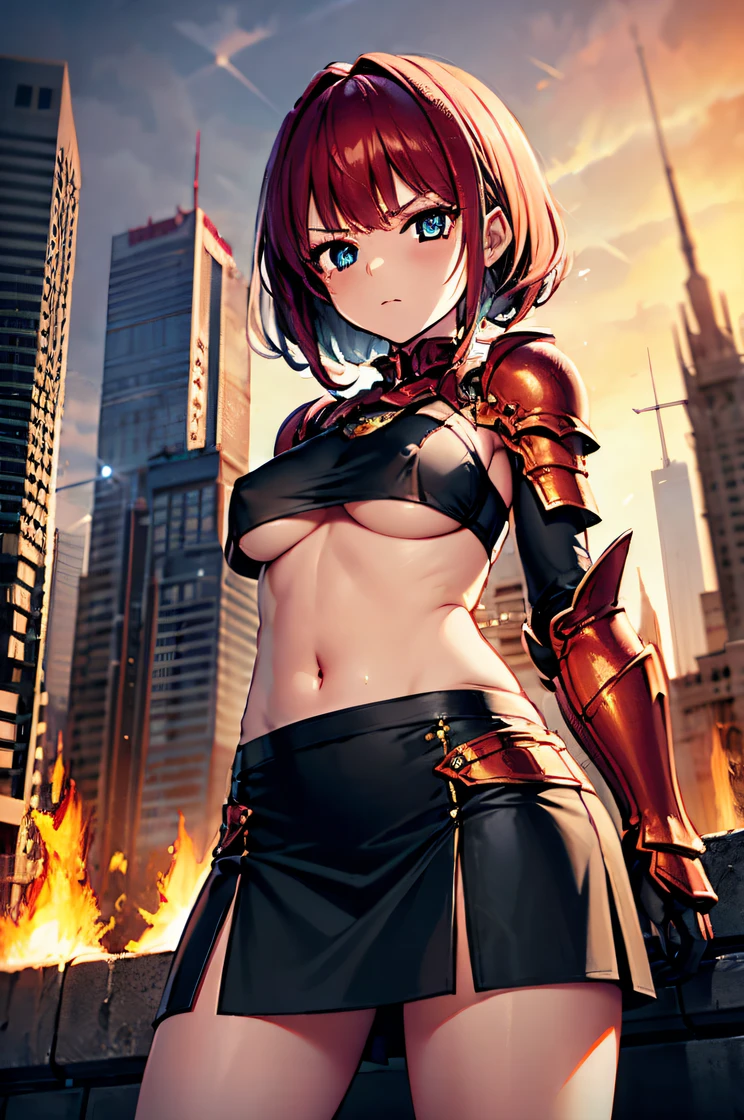 1 child, young girl, , fragile build, slim, small height, childish appearance, masterpiece, 8k, ultradetailed face, childish face, long blood-red hair, beautiful sparkling eyes, detailed blue eyes, black-red armor on hands, black-red armor on legs, black-red armor on chest, underboobs, exposed belly, belly button, skirt, serious expression, standing in front of viewer, facing viewer, burning fantasy city in the background