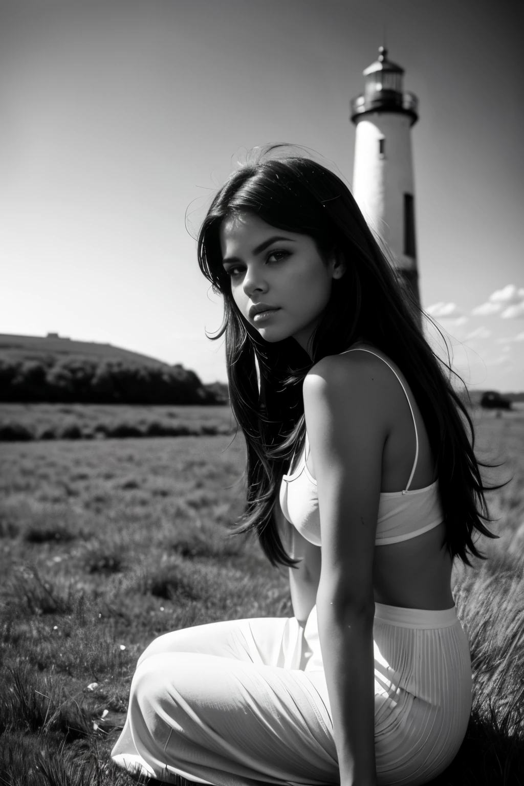 Black and white picture, Selena gomez, 'arafed woman sitting on a car in a field with a lighthouse in the background, inspired by Max Dupain, black and white photography, inspired by Jerry Schatzberg, black & white photo, black and white monochrome, b&w photography, black and white photo, sepia photography, vintage photography, in the countryside, b&w photo