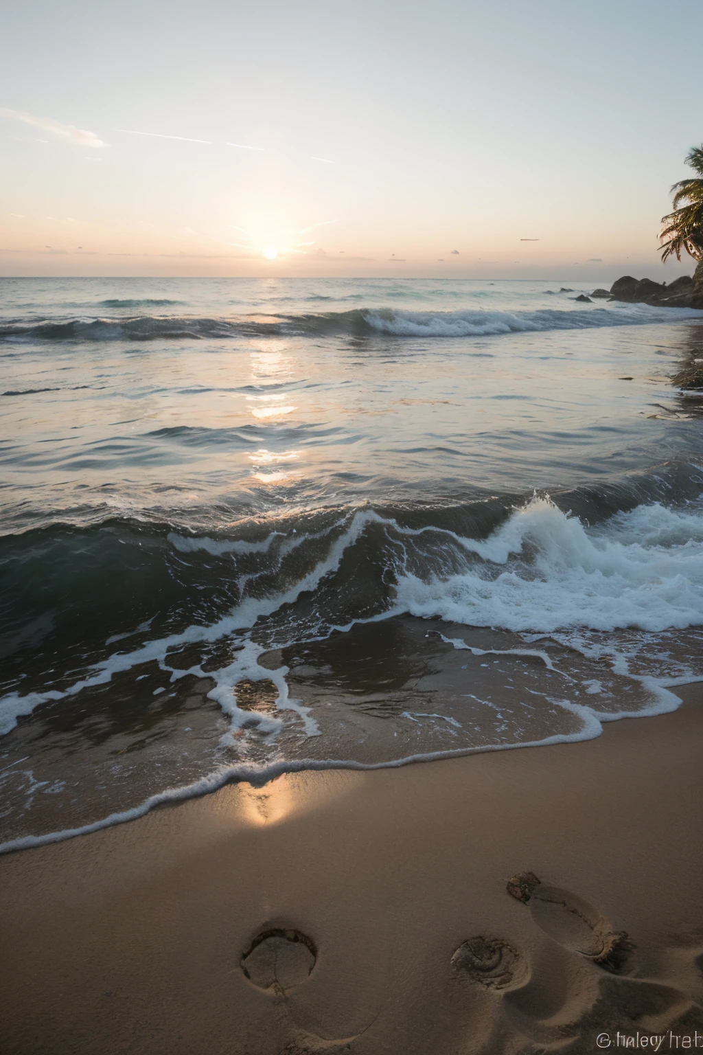 deserted beach with golden sky and big orange sil at dusk with big, tubular waves lined up in the background in a blue-green sea and white foam palm trees on the right side and shells on the sand