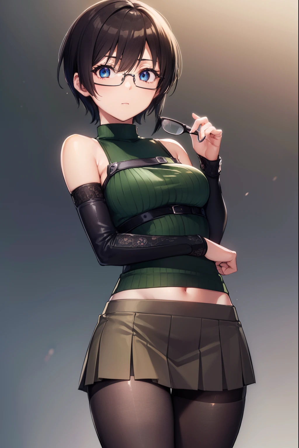 Yuffie Exaragi, Yuffie Kisaragi, 1 girl in、独奏、Short hair, a pixie cut,turtle neck,((a miniskirt))、((pantyhose))、((eye glasses))
Blake Cowboy Shot, Looking at Viewer, 
BREAK (masutepiece:1.2), Best Quality, High resolution, Unity 8k壁纸, (Illustration:0.8), (Beautiful detailed eyes:1.6), extra detailed face, Perfect Lighting, extremely details CG, (Perfect hands, Perfect Anatomy),