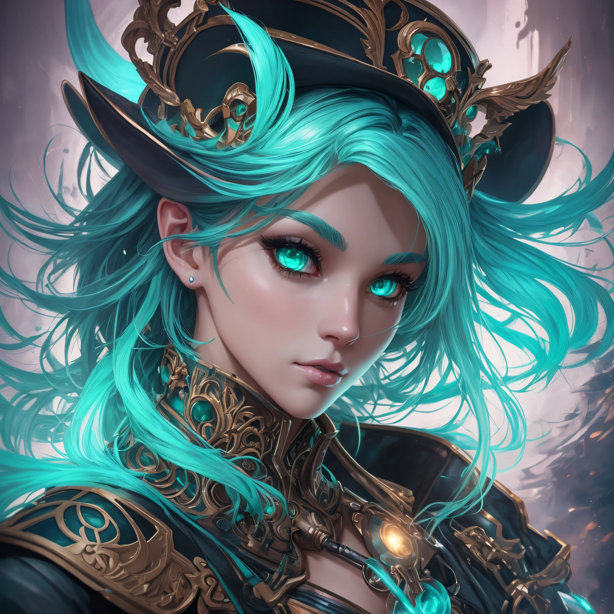 a close up of a person wearing a hat, anime fantasy artwork, black and aqua colors, ghostpunk, e - girl, black and green scheme, ultra detailed faces, military outfit, as a human, cover manga, striking artstyle, chaotic punk, mint, animesque, head and shoulders portrait, 8k resolution concept art portrait by greg rutkowski, artgerm, wlop, alphonse mucha dynamic lighting hyperdetailed intricately detailed splash art trending on artstation triadic colors unreal engine 5 volumetric lighting --auto --s2