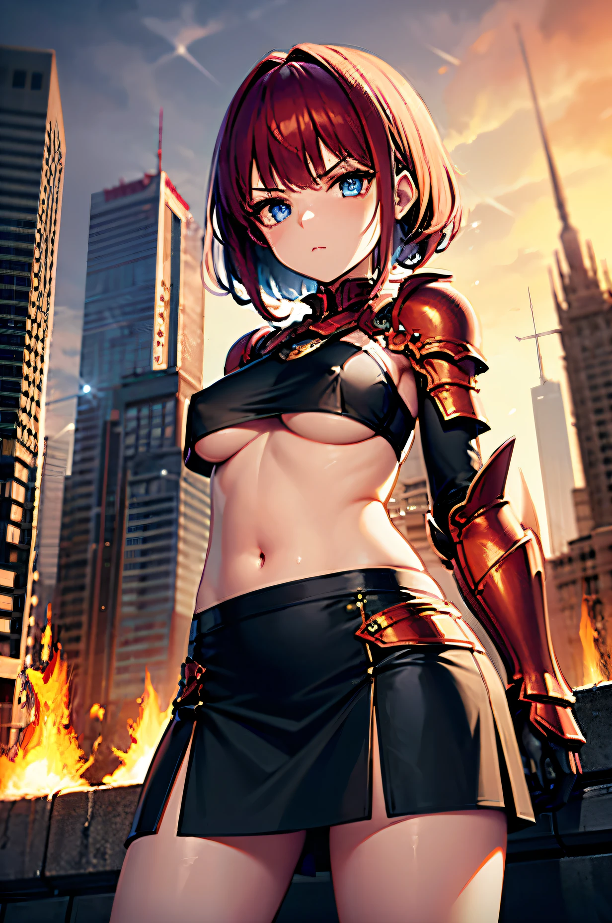 1 child, young girl, , fragile build, slim, small height, childish appearance, masterpiece, 8k, ultradetailed face, childish face, long blood-red hair, beautiful sparkling eyes, detailed blue eyes, black-red armor on hands, black-red armor on legs, black-red armor on chest, underboobs, exposed belly, belly button, skirt, serious expression, standing in front of viewer, facing viewer, burning fantasy city in the background