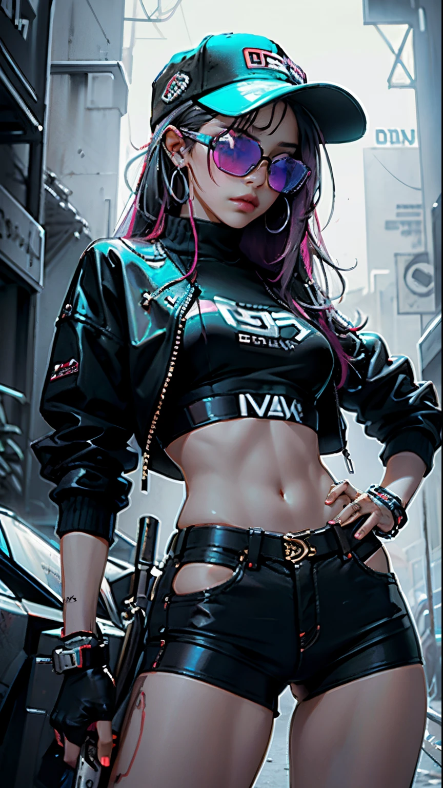 Hermosa mujer de cabello mediano, con gorra, ropa corta de estilo cyberpunk, con gafas