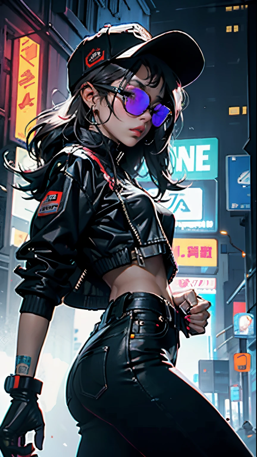 Hermosa mujer de cabello mediano, con gorra, ropa corta de estilo cyberpunk, con gafas